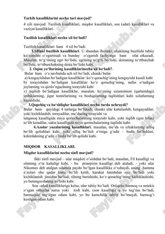 ‘ladi. sodda kasalliklar – mizoj kasalligi navlari yoki tarkib buzilishi kasalliklari turlaridan biri uchraydigan bir xil kasalliklardir. murakkab kasalliklar – ularda kasallik turlaridan ikki va undan ortig‘i to‘planib, bir nechta kasallikni hosil qiladi. sodda kasalliklar sodda kasalliklar necha xil bo‘ladi? ularning turlari uchtadir: 1) bo‘laklari o‘xshash bo‘lgan a’zolarga mansub kasalliklar jinsi, bular mizoj buzilishi kasalliklaridir.ular nima uchun bo‘laklari o‘xshash bo‘lgan a’zolarga mansub bo‘ladilar? chunki, avvaldan bo‘laklari o‘xshash bo‘lgan a’zolarda paydo bo‘lgan kasallik keyinchalik murakkab a’zolarga o‘tadi. ammo, murakkab kasalliklarda bu holat kuzatilmaydi. 2) qurol a’zolari kasalliklari jinsi. ularning ta’sir quroli bo‘laklari o‘xshash a’zolardan birikkan a’zolarda paydo bo‘luvchi tarkibiy kasalliklardir. 3) hamkor a’zolar kasalliklari jinsi. ular bo‘laklari o‘xshash a’zolarda ham, qurol a’zolarida ham paydo bo‘ladigan kasalliklardir. bular «uzluksizlikning buzilishi» va «birlikning taralishi» deb atalgan kasalliklardir. chunki «uzluksizlikning buzilishi» bo‘laklari o‘xshash bo‘lgan va bo‘g‘imlarni tashqil qilgan a’zolarda paydo bo‘lmasdan bo‘g‘imning o‘zida paydo bo‘ladi. ba’zan asab, suyak va tomirlarning yolg‘iz o‘zlarida paydo bo‘ladi. …