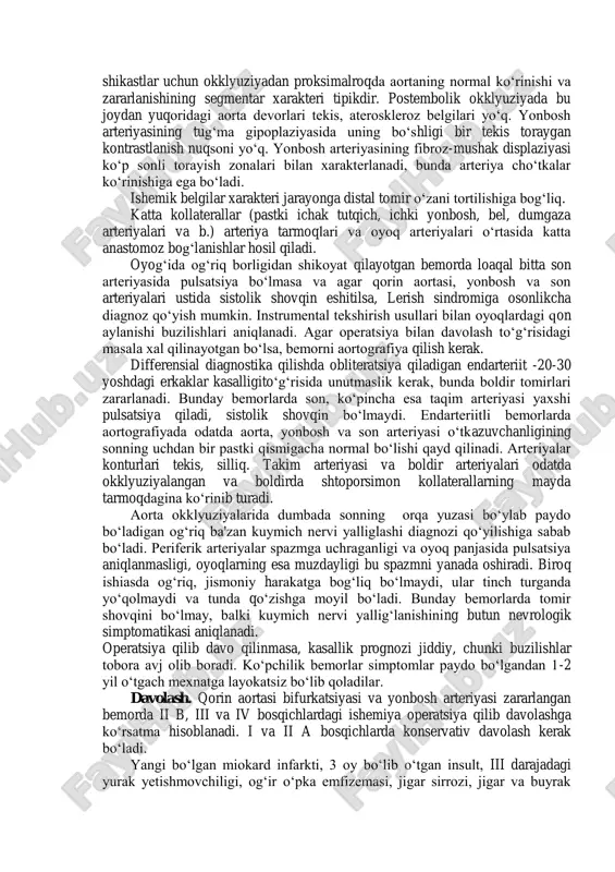larning yarmida teri katlamlari, ayniksa oyoq panjasining ranggi o‘zgargan - sianoz, shish va giperemiya. paypaslab ko‘rish panjalarning ikkala arteriyalarida (panjaning orqa arteriyasi va orqa katta boldir arteriyasi) pulsatsiya yo‘qligini topishga yordam beradi. odatta taqim arteriyasida ham pulsatsiya bo‘lmaydi. ko‘proq zararlangan tomondagi son arteriyasida ham odatda pulsatsiya bo‘lmaydi. ayni vaqti - boshqa periferik arteriyalarning pulsatsiyasini ham aniqlash shart. auskultatsiya qorin aortasi zararlanishining eng muhim diagnostik belgisi - sistolik shovqinni topishga imkon beradi, u ko‘proq son arteriyalari ustida eshitiladi. bemorlarning deyarli uchdan bir qismida sistolik shovqin qorin aortasining naqt tepasida aniqlanadi. bu shovqin aksariyat stenozlangan tomir ustida eshitiladi, okklyuziyalangan arteriya ustida u bo‘lmasligi mumkin. qorin aortasi zararlanganda oyoqlardagi arterial bosim aniqlanmaydi yoki keskin pasaygan bo‘ladi. bemor qorni bosib yotganida arterial bosimni aniqlash uchun manjetkani soniga qo‘yiladi va stetoskop bilan taqim arteriyasi eshitib ko‘riladi. diagnostika. tekshirishning instrumental usullari oyoqlardagi qon oqimi buzilishlari xarakterini aniqlashga imkon beradi. ultratovush bilan o‘tkaziladigan usullar g‘oyat oddiy. chunonchi, …