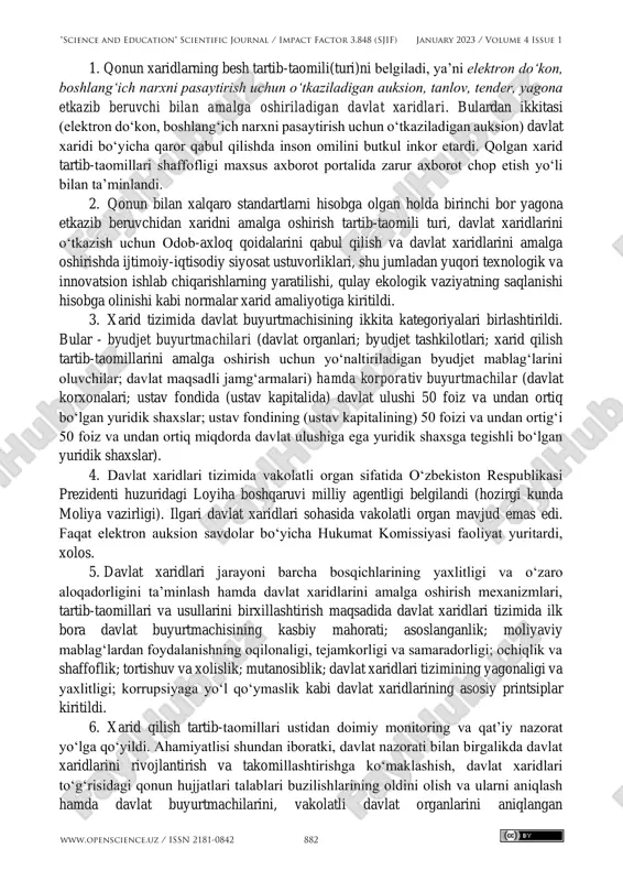 ib beruvchilar umumiy sonida kichik biznes subyektlarining ulushi ortdi. o‘zbekiston respublikasi prezidentining pq-3237 sonli qaroriga muvofiq, 2017 yilning 23 avgustidan bitta kontrakt bo‘yicha 300 aqsh dollaridan 100 ming aqsh dollarigacha ekvivalentdagi tovarlar (ishlar, xizmatlar)ning davlat va korporativ xaridlarini o‘zbekiston respublika tovar-xom ashyo birjasi tomonidan tashkillashtiriladigan elektron savdolar orqali amalga oshirishga oid talab bekor qilinishi munosabati bilan 2017 yilda elektron auksion savdolar bo‘yicha amalga oshirilgan bitimlar soni va summasini o‘tgan yillarga nisbatan past ko‘rsatkichni tashkil etgan. davlat xaridlari tizimining rivojlanishining uchinchi bosqichi 2018 yil 9 apreldan 2021 yil 21 aprelgacha bo‘lgan davrni qamrab oladi. yuqorida ko‘rib o‘tganimizdek, mamlakatimizda yaqin kungacha davlat xaridlari sohasi 30 dan ortiq normativ-huquqiy hujjatlar bilan tartibga solinardi, bunda yaxlit tizim mavjud emas edi. buning oqibatida esa ba’zan huquqiy jihatdan bir-birini rad etuvchi holatlar ham vujudga kelgan. ayrim holatlarda esa takrorlovchi tartib-taomillar korrupsiyaga sharoit yaratgan va ko‘p vaqt yo‘qotishga sabab bo‘lgan. bu kabi muammolarning oldini olish, davlat xaridlarini …