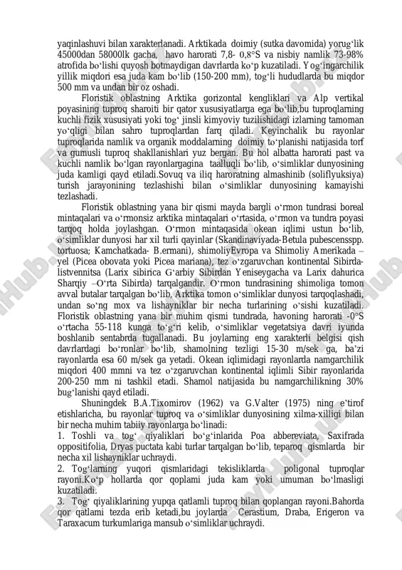 raladi. eron- turon floristik oblastining g‘arbiy qismida esa, asosan jigarrang, qizg‘ish jigar rang va kul jigarrang tusli kalsiy-gumusli gil tuproqlar tarqalgan bo‘lib, ulardan kul-jigar rang tusli tuproq asosan iqlimi quruqroq yoki yog‘ingarchilik miqdori 350-500 mm dan oshmaydigan rayonlarda joylashgandir. sharqda, tuproq xarakteri jihatidan umuman farq qilib, m. bolduina, n. kelloga, j. tropa (1938) klassifikatsiyasiga asoslangan holda aytish mumukinki, bu rayonlarda iv kategoriyali pedokali, v kategoriyali galomorf va vi kategoriyali sho‘rxok, sho‘r, sho‘rlangan qum sahro tuproqlari xiliga kiritilgan. bu fikrimizni (ivanova, rozov, 1956 yil tuproq xillari klassifikatsiyasi) to‘ldiradigan bo‘lsak bu rayonlarning tuprog‘i biogalogen tuproqlar bo‘lib, subboreal guruhiga, cho‘l yoki sahro sinfiga, atmosfera yoki yer osti suvlar nami bilan ta’minlanadigan yoki sahro sho‘rxoklari, sho‘r, sho‘rlangan qum tuproqlar xiliga mansubdir. g‘arbiy hududlarda cho‘llar mayda toshli tuproqdan iborat bo‘lib, ancha quruq va yer osti suvlari tuproq yuzasidan juda chuqurda joylashgan. bu joylarning o‘simliklar dunyosiga misol qilib haloxylon ammodendron l.(mayda, bo‘yi 1,5-2,5 m) ni olishimiz …