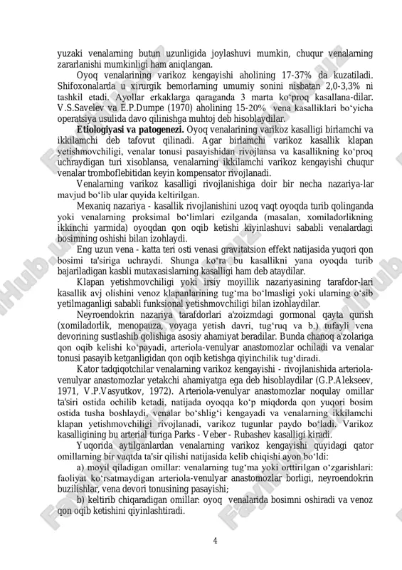 „tirilgandan) keyin bosimi o„lchanadi. chuqur venalar o„tkazuvchanligida valsalvi sinamasida bosim 10-15 mm suv ustiniga ko„tariladi, sistolik (mushaklar qisqarganda) va diastolik (mushaklar bo„shashtirilganda) bosim 45-50 mm suv ustiniga oshadi, sistola-diastola gradienti birmuncha kamayadi. mushak ishidan keyin bosim asta-sekin dastlabki darajasiga qaytadi. 2. teri elektrotermometriyasi - qo„shimcha usul. varikoz venalar va tugunlar ustidagi teri haroratining 0,3-0,5°ga yuqoriligi oyoqni osiltirib o„tirishda temperaturalarning farqi katta bo„lishi qayd qilingan. 3. termografiya birmuncha kulrang fonda oqish uchastkalar ko„rinishida-gi kengaygan venalarni aniqlab beradi. 4. ultratovush dopplerografiyasi. bu tekshiruv orqali oyoq venalari qon o„tkazuvchanligi, qon oqimi tezligi, klapanlar yetishmovchiligi va regionar qon bosimi aniqlanadi. 5. ultratovush angioskanerlash (ultratovush dupleks tekshiruvi). bu tekshiruv orqali oyoq venalarini holati, o„lchami, o„tkazuvchanligi, klapanlar holati va yetishmovchiligi, qon oqimi tezligi va hajmi, varikoz kengaygan venalar holati, ichida tromb bor yoki yuqligi, trombning dinamikada o„sish darajasi kabi ma'lumotlarni aniqlash mumkin. bu tekshiruv usuli noinvazivligi va tekshiruvni ko„p marta takrorlash mumkinligi tufayli hozirgi kunga kelib …