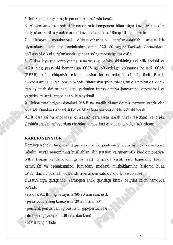 klarni qoʼllash qatʼiyan man qilinadi, chunki ular interstitsial boʼshliqdan suyuqlikni tomir boʼshligʼiga tortib chiqarish yoʼli bilan oʼpka shishini kuchaytiradi. 4. gipoksiyani bartaraf qilish va koʼpikni soʼndirish maqsadida 3-5 l/daq. kislorod koʼpik soʼndiruvchi suyuqlik (70% etil spirti) orqali beriladi. 4 5. infuzion terapiyaning hajmi minimal boʼlishi kerak. 6. alveolyar oʼpka shishi bronxospastik komponent bilan birga kuzatilganda oʼta ehtiyotkorlik bilan yurak maromi kuzatuvi ostida eufillin qoʼllash mumkin. 7. hujayra membranasi oʼtkazuvchanligini turgʼunlashtirish maq-sadida glyukokortikosteroidlar (prednizolon kamida 120-180 mg) qoʼllaniladi. gormonlarni qoʼllash mvb ni turgʼunlashtirilgandan soʼng maqsadga muvofiq. 8. oʼtkazilayotgan terapiyaning samarasizligi, oʼpka shishining avj olib borishi va akb ning pasayishi bemorlarga oʼsv ga oʼtkazishga koʼrsatma boʼladi. oʼsv (reer) nafas chiqarish oxirida musbat bosim rejimida olib boriladi. bunda alveolalardagi qarshi bosim oshadi, filtratsiya qiyinlashadi, bu oʼz navbatida kichik qon aylanish doi-rasidagi kapillyarlardan transsudatsiya jarayonini kamaytiradi va yurakka keluvchi venoz qonni kamaytiradi. 9. ushbu patologiyani davolash mvb va soatlik diurez doimiy nazorati ostida olib …
