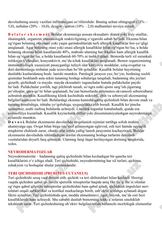da mayda pustulalar paydo bo‘lishi va ular yangi ekzematoz o‘choqlarni hosil qilishi mumkin. kasallik qichishish bilan kechadi. mikrobli ekzemaning paratravmatik va varikoz xillari bor. ularning paydo bo‘lishiga mexanik (gipsni noto‘g‘ri bog‘lash), kimyoviy (yaralarni zo‘riqtiruvchi dorilar bilan davolash) va biologik (infeksiyalar) omillar ham sabab bo‘lishi mumkin. k a s b g a a l o q a d o r (professional) ekzema badan terisining ochiq qismlarida vujudga keladi. kasallikning avj olishiga ishlab chiqarishdagi allergenlar sabab bo‘lib, ular organizmga sensibilizatsiyalovchi ta’sir ko‘rsatishi mumkin. ko‘pchilik bemorlarda teridagi sinab ko‘rish testi sensibilizatsiyalovchi omillarga nisbatan musbat bo‘ladi. bunday dermatitlarning klinik kechishi yuqorida keltirilgan ekzemalardan deyarli farq qilmaydi. faqat allergenlar bartaraf etilgandan so‘ng kasallik dermatitlarga nisbatan uzoqroq davom etadi. s e b o r e ya l i e k z e m a (moyli ekzema) – patologik jarayon asosan yog‘ ajratib chiqaruvchi bezlar joylashgan terida, ko‘proq boshning sochli qismi, quloq suprasi, yuz, qo‘ltiq osti, shuningdek, …