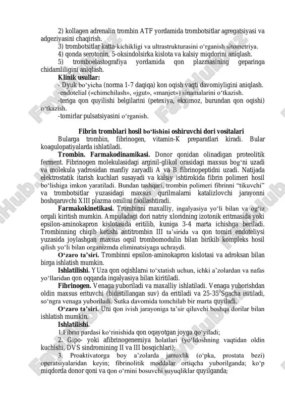 di. sutka davomida 3-4 marta beriladi. o‘zaro ta’siri. kalsiyni yurak glikozidlari va qon bosimini tushiruvchi dorilar bilan venaga yuborish xavfli. uni tetratsiklinlar, ftorxinolinlar hamda boshqa ba‟zi bir dorilar bilan ichilganda ularning biologik o„zlashtirishini kamaytiradi. salbiy ta’sirlari. ichilganda oshqozon-ichak shilliq pardalarini qitiqlab turli dispeptik o„zgarishlarga sabab bo„lishi mumkin; venaga yuborilganda qon bosimi tushib ketishi mumkin. mushak va teri ostiga yuborilgan xlorid kalsiy qitiqlab, to„qimalarning nekroziga sabab bo„lishi mumkin. ishlatilishi. qon zardobida kalsiy miqdorining kamayishi bilan bog„liq qon oqishlarda (ko„p miqdorda sitratlangan donor qoni va kalsiyni kam saqlovchi yoki saqlamaydigan qon o„rnini bosuvchi suyuqliklar yuborilganda kelib chiqqan qon oqishlar). ba‟zan trombotsitopatiya va trombotsitopeniyalarda tavsiya qilinadi. etamzilat (ditsinon, siklonamin). farmakodinamikasi. prostatsiklin samarasini falajlab, trombotsitlar agregatsiyasini oshiradi. to„qima tromboplastinini ozroq faollaydi. etamzilat kapillyarlar devorida mukopolisaxaridlarni polimerizatsiyalanish jarayonini kuchaytirib, tomir devori o„tkazuvchanligini mustaxkamlaydi. farmakokinetikasi. etamzilat mushakka, venaga yuboriladi, ichishga berish mumkin. dori yaxshi tarqaladi, uning bu xususiyati a‟zo yoki to„qimaning qon bilan ta‟minlanishiga bog„liq. qon …