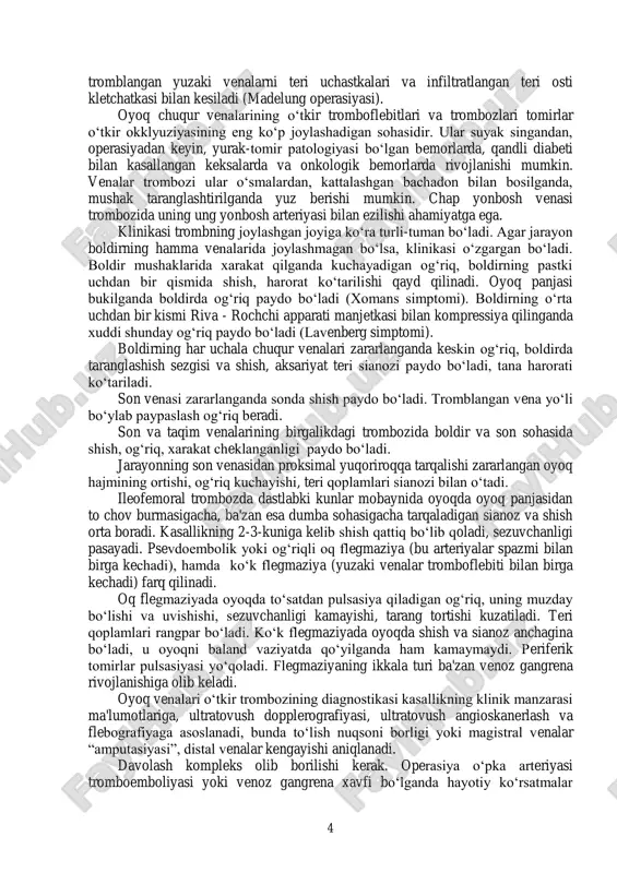 ing xolati aniklanadi. o‘tkir tromboflebit va flebotromboz o„tkir tromboflebit va flebotromboz bir-biridan farq kiladi. flebotrombozda tromb venaning sog„lom uchastkasida hosil bo„ladi, so„ngra vena devorining yallig„lanish reaksiyasi ko„shiladi. tromboflebitda tromb yallig„lanib, o„zgargan vena devorida rivojlanadi. o„tkir tromboflebit deganda vena devorining bo„shlig„ida tromb hosil bo„lishi bilan o„tadigan yallig„lanish tushuniladi. kasallik rivojlanishida infeksiya, travmatik shikastlar, xavfli o„smalarning ahamiyati muhim. aksariyat tromboflebit varikoz kasallik kechishini og„irlashtiradi. tromb hosil bo„lishi patogenezida venoz devor strukturasining buzilishi, qon oqimi pasayishi, qon ivish xususiyatining oshishi ahamiyatli. chuqur va yuzaki venalarning tromboflebiti farq qilinadi. yuzaki venalarning o„tkir tromboflebiti tromb bo„lgan vena yo„li bo„ylab og„riq, bu og„riqning harakat va jismoniy ish vaqtida kuchayishi bilan yuzaga chiqadi. yallig„lanishning hamma belgilari aniqlanadi. tromb sohasi ko„zdan kechirilganda teri qoplamlarining giperemiyasi va shishi qayd qilinadi, paypaslab ko„rilganda vena yo„li bo„ylab shnursimon og„riqli zichlashma aniqlanadi, odatda u atrof to„qimalardan aniq chegaralanib turadi. yallig„li infiltrat atrofdagi to„qimalarga va teriga kamroq tarqaladi. oyoqning zararlangan bo„limi hajmi o„zgarmaydi …