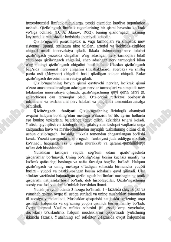 bo„ladi. f. f. saks (1964) fikricha, katta odamda qizilo„ngach mushak qavati sirkulyar qatlamining qalinligi kardiya sohasida 2,2 mm, bu uning birmuncha proksimal qismlaridagi qalinligidan 1,5-2 marta ortiqdir. qizilo„ngach tashqi tomondan g„ovak biriktiruvchi to„qima bilan o„ralgan, undan limfatik va qon tomirlar, biriktiruvchi to„qimadan iborat tortmalar o„tadi. chunonchi, qizilo„ngachning oldingi chap devorini chap bronx asosi bilan bog„lab turadigan chap qizilo„ngach - bronxial boylami, qizilo„ngachning orqa-chap devorini aorta ravog„ining botiq yuzasiga taqab turadigan qizilo„ngach - aortal boylami va qizilo„ngachning distal bo„limini diafrag-maga taqab turadigan morozov-savvin boylami kabilar farq qilinadi. qizilo„ngachning abdominal kesigi seroz parda bilan qoplangan bo„ladi. qizilo‘ngachning qon bilan ta'minlanishi. qizilo„ngach arterial qon bilan o„mrov osti arteriyasi tarmoqlarining yuqori qismida, yuqori qovurg„alararo va qalqonsimon bez arteriyasidan, ko„krak qismida pastki diafragmal va chap me'da arteriyalari tarmoqlaridan ta'minlanadi. qizilo„ngach arteriyalari o„zaro keng anastomoz hosil qiladi. bu hol shu a'zoda operatsiya o„tkazishda juda qo„l keladi. venoz oqim pastki qalqonsimon, perikardial, orqa ko„ks oralig„i va diafragmal …