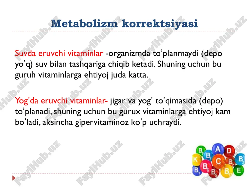 tirok etadi; o qon ivishi va qon yaratilishida ishtirok etadi; o miyani anglash funktsiyasini yaxshilaydi. riboflavin (vitamin b2):  moddalar almashinuvini yaxshilaydi;  antitelalar va eritrotsitlar sintezida va  xujayralar nafas olishi va oʼsishida qatnashadi;  vitamin a bilan birga koʼrishni yaxshilaydi va koʼzni korongʼiga moslashishini taʼminlaydi, kataraktani va koʼz charchashini oldini oladi;  xazm sitemasi shilliq qavati faoliyatini yaxshilaydi;  nafas yoʼlidagi toksin moddalar miqdorini ozaytiradi;  ayrim vitaminlar aktiv shaklga oʼtishiga yordam beradi (niatsin vitamin rr yoki v3, piridoksalfosfat vitamin b6). piridoksin (vitamin b6):  markaziy va periferik asab tizimi faoliyatini yaxshilaydi ;  oqsillar, fermentlar, gemoglobin, prostaglandin va neyromediatorlar sitezida ishtirok etadi;  toʼyinmagan yogʼ kislotalar oʼzlashtirilishini yaxshilaydi, qonda xolesterin i lipidlar miqdorini normallashtiradi;  miokard qisqaruvchanligini yaxshilaydi;  foli kislotani aktiv shaklga oʼtishini yaxshilaydi, qon yaratilishida ishtirok etadi. nikotinamid (vitamin pp):  koʼplab fermentlar kofermenti xisoblanadi;  150dan ortiq moddalar almashinuvi reaktsiyalarida ishtirok etadi;  qondagi …
