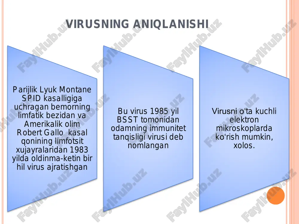 erment analiz. ekspress (tezkor) usul limfotsitlarni sonini aniqlash oiv-kasalligining klinikasi 1-bosqich yashirin davr. 3-bosqich –ikkilamchi kasalliklar yuzaga chiqishi 2-bosqich birlamchi ko‘rinishlarni o‘tkir kechishi. a- o‘tkir lixoradka. b-belgisiz. v-tarqalgan limfoadenopatiyani persestir-langan (vaqti-vaqti bilan kuchayish) kechishi. a-tana vaznining 10% dan kmarog‘ini yo‘qotish. teri va shilliq qavatlarning zamburug‘, bakteriya va viruslar tomonidan yuzaki jaroxatlanishi qaytalama faringit va sinusitlar b-tana vaznining 10% dan ko‘prog‘ini yo‘qotish. bir oydan ko‘proq kechuvchi noma’lum diareya va lixoradka. o‘pkani sil kasalligi til leykoplakiyasi teri va shilliq qavatlarning chuqur jaroxatlanishi sarkoma kaposhi (lokal turi). qizilo‘ngach kandidozi atipik mikobakterioz, o‘pkadan tashqari sil kasalligi b-virus, zamburug‘, bakteriya, sodda jonivorlar tomonidan chaqirilgan tarqalgan jaroxatlanish ichki a’zolarni jaroxatlanishi (dissemina-siya). lishay kasalligini tarqalgan shakli. pnevmotsistli zotiljam sarkoma kaposhi (tarqalgan turi). markaziy nerv sistemasini jaroxatlanishi (chaqiruvchisi xar xil jonivorlar). oiv kasalligini davolash. i. etiologik davo. virusga ta’sir qiluvchi dorilarni (azidotimidin, lamivudin, abakavir, nevirapin, tenofovir va boshq) uzoq, muntazam, kurslar bo‘yicha qo‘llash. ii. patogenetik 1. immunomodulyatorlar (timozin, …