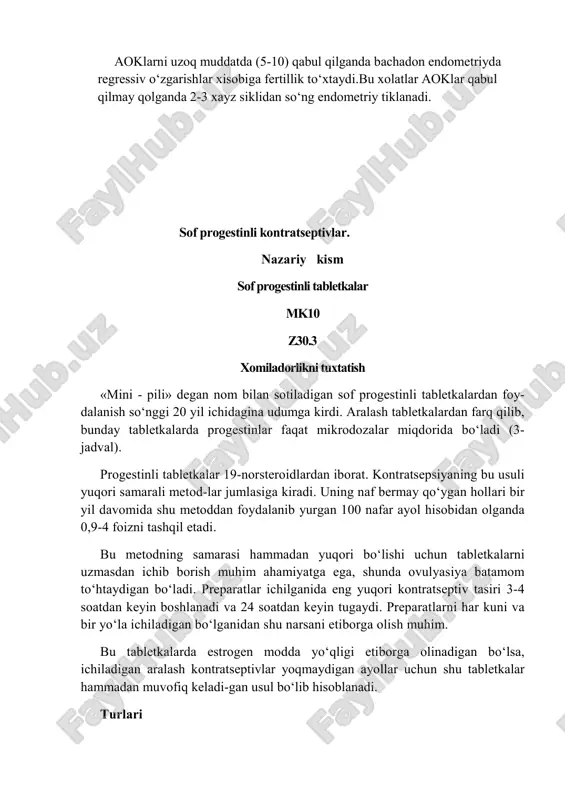 abab bo‘lib, lyuteogormon ajralib chiqishi kamayishi hisobiga ovulyasiyani susaytiradi • va servikal shilliqni zichlashtirib qo‘yadi. • endometriyda ro‘y beradigan regressiv o‘zgarishlar «mini - pili » ni nechog‘lik ko‘pdan beri ichilayotganiga bog‘liq, ana shun-day o‘zgarishlar ro‘y berganida amenoreya boshlanadi yoki xayz juda kam keladigan bo‘lib qoladi. sof progestinli tabletkalarning tarkibi va farmatsevtik nomlari preparat nomi tarkibidagi progestin miqdori (mg) mikrolyut (shering, germaniya) levonorgestrel 0,03 mikronor (shveysariya) noretisteron 0,035 ovrett (vayt-ladayra, aksh) norgestrel 0,075 ekslyuton (organon, niderlandiya) linestrenol 0,5 sof progestinli tabletkalarni ichish qoidalari. bu tabletkalar: • xayz siklining birinchi kunida; • qorinda xomila yo‘qligi aniq bo‘lgan mahalda istalgan paytda; • chilla davrida; • bola ko‘krak berib boqilayotgan bo‘lsa, 6 oydan keyin; • bolani ko‘krak berib boqishdan kontratsepsiya usuli sifatida foydalanilma-yotgan bo‘lsa, 6 haftadan keyin; • ona bolaga ko‘krak bermaydigan bo‘lsa, tug‘ruqdan so‘ng darhol yoki 6 haftadan keyin; • abortdan keyin darhol ichiladi. sof progestinli tabletkalarning o‘rovida bir xil rangdagi 28 ta …