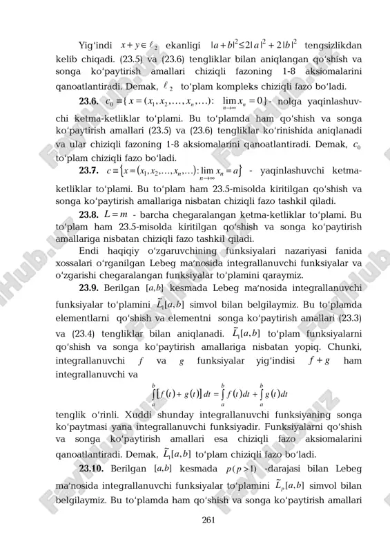 i va ],[ bav simvol bilan belgilanadi. 23.2-ta’rif. bizga l va * l chiziqli fazolar berilgan bo‘lsin. agar bu fazolar o‘rtasida o‘zaro bir qiymatli moslik o‘rnatish mumkin bo‘lib, ( )***,,,*,va* lyxlyxyyxx ∈∈↔↔ ekanligidan ( )sonixtiyoriy*,va** −↔+↔+ ααα xxyxyx ekanligi kelib chiqsa, u holda l va * l chiziqli fazolar o‘zaro izomorf fazolar deyiladi. izomorf fazolarni aynan bitta fazoning har xil ko‘rinishi deb qarash mumkin. 23.3-ta’rif. agar l chiziqli fazoning nxxx ,,, 21 k elementlar sistemasi uchun hech bo‘lmaganda birortasi noldan farqli bo‘lgan naaa ,,, 21 k sonlar mavjud bo‘lib, 02211 =+++ nn xaxaxa l (23.7) tenglik bajarilsa, u holda nxxx ,,, 21 k elementlar sistemasi chiziqli bog‘langan deyiladi. aks holda, ya’ni (23.7) tenglikdan 021 ==== naaa l ekanligi kelib chiqsa, nxxx ,,, 21 k elementlar sistemasi chiziqli bog‘lanmagan yoki chiziqli erkli deyiladi. 263 agar kk ,,,, 21 nxxx cheksiz elementlar sistemasining ixtiyoriy chekli qism sistemasi chiziqli erkli bo‘lsa, u holda …