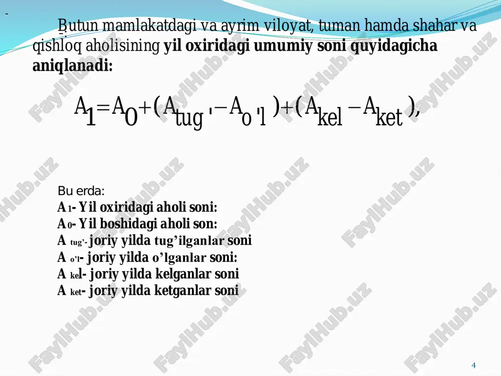 yoshli 3786 kishidan: n+2 yilga kelib: i18= i17p17 i18= 378699641=3772 kishi n+3 yilga kelib: i19= i18p18 i19= 377299600=3757 kishi n+4 yilga kelib: i20= i19p19 i20= 375799562=3740 kishi qolar ekan 19 dunyo aholisi 2050 yilga borib 9,7 milliardga erishishi rejalashtirilmoqda. bugungi kunda dunyo aholisi 7,3 milliard, 2030 yilga borib bmt desa yangi hisobotga ko'ra 2050 yilda 9,7 milliard, 2100 yilda 11,2 milliard, "jahon aholishunoslik istiqbollari 8,5 mlrdga erishishi kutilmoqda: "kelgusi yillarda ochmoq mumkin bo’lgan demografik o'zgarishlar, shuningdek, ular barqaror rivojlanishga erishish uchun ayrim qiyinchiliklar va imkoniyatlarni tushunish, yangi rivojlantirish dasturi ishlab chiqish va amalga oshirishda muhim rol o'ynaydi", dedi ijtimoiy aloqalar iqtisodiy bmt bosh –secretari, wu hongbo. 20 eng rejalashtirilgan dunyo aholisining o'sishi asosan afrikada, yuqori unumdorligi mamlakatlar yoki allaqachon katta aholi qisqa ro'yxatiga tegishli. keltirilgan, hindiston, nigeriya, pokiston, kongo demokratik respublikasi, efiopiya, tanzaniya birlashgan respublikasi, amerika qo'shma shtatlari (aqsh), indoneziya va uganda: 2015-2050 davomida dunyodagi aholining o'sish yarmi, ularning hissasi …
