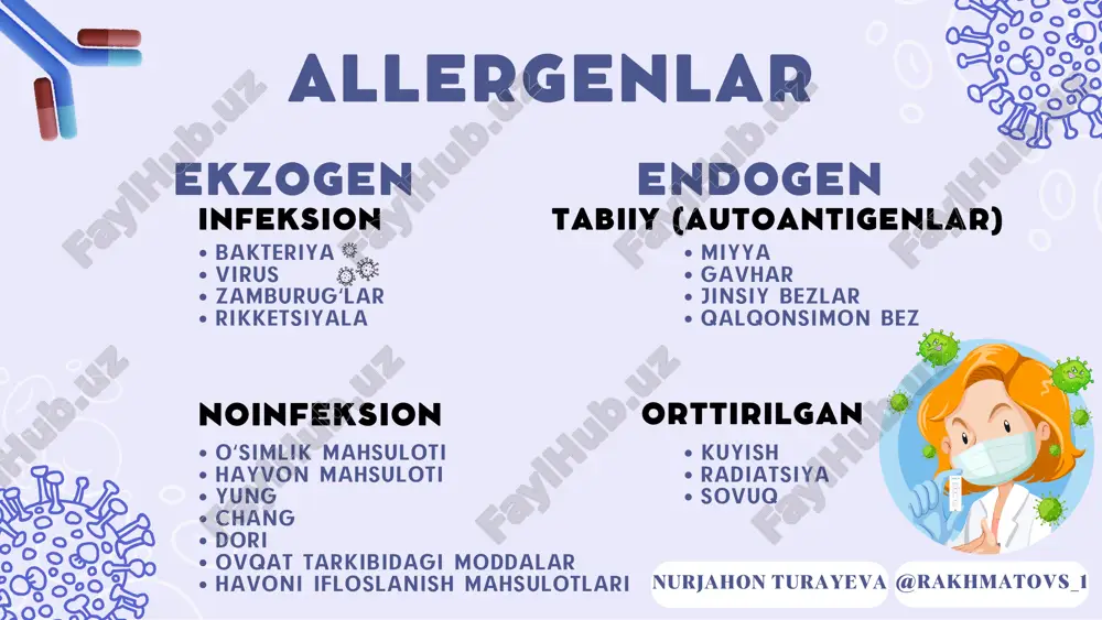 u kasalliklardan biriga ega bo'lishi mumkin. @rakhmatovs_1nurjahon turayeva simptomlari quyidagicha namoyon bo'lishi mumkin: terining qizarishi va quruqligi, doimiy toshmalar, doimiy qichishish; yil bo'yi yoki mavsumiy rinit: bu ko'p miqdorda shilimshiq ajralishi, burun tiqilishi, qichishish, ko'zning qizarishi va yosh oqishi bilan namoyon bo'ladi; astmatik sindrom: og'ir nafas olish va bo'g'ilish xurujlari, uzoq muddatli yo'tal va bronxospazm (agar kasallik og'ir bo'lsa, jismoniy zo'riqish paytida nafas qisilishi paydo bo'ladi). atopik marshning xarakterli xususiyati qon zardobida umumiy immunoglobulin e (ige) ning yuqori konsentratsiyasi hisoblanadi. normadan minglab marta oshishi mumkin. bundan tashqari, turli xil allergenlarga nisbatan o'ziga xos ige antitanalari darajasi ham oshadi. @rakhmatovs_1nurjahon turayeva @rakhmatovs_1 omalizumab monoklonal antitelo xisoblanib rekombinant dnk asosida olinadi. tarkibida : igg1 kappa antitela saqlaydi. bu modda immunoglobulin ige bilan selektiv bog'lanadi va uning bazofillar yuzasida joylashgan fcεri- retseptori bilan boglanishiga to'sqinlik qiladi. bu bog'lanish allergik reaktsiya kaskadining puskovoy faktori xisoblanadi. bronxial astmada har 28 kunda bir marta qo'llanilganda : …