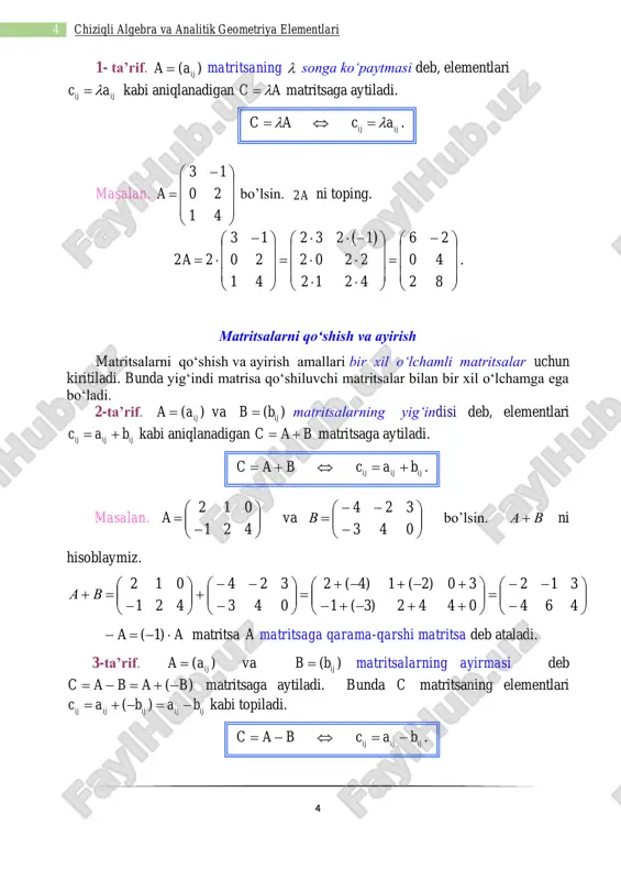 ari masalan. 1)       − = 245 531 a va       − −− = 122 214 v bo’lsin. va − ni hisoblaymiz.       − =      ++−−− −−−−− =      − −− −      − =− 363 345 1224)2(5 25)1(3)4(1 122 214 245 531 va 2)       − = 02 12 a va       − = 10 23 v bo’lsa, va 23 − ni hisoblaymiz.       − =      − −      − =      − −      −  26 10 20 46 06 36 10 23 2 02 12 3 …
