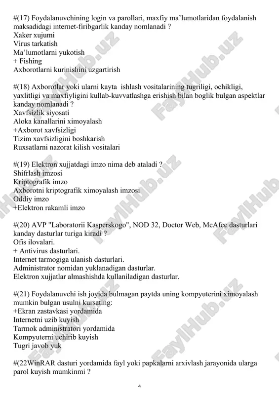 veb saxifani yangilaydi. veb saxifani yuklashni tuxtatadi oldin kurilgan veb saxifani kayta yuklaydi joriy veb saxifani "izbrannoe" bulimiga saklab kuyadi uy (domashniy) veb saxifasiga utishni amalga oshiradi #(25 oldin kurib chikilgan veb saxifani kaytadan yuklash uchun internetga ulanish talab kilinmaydigan veb brauzerlarning ishlash rejimi kanday ataladi ? tarmokda ishlash iktisod rejimi + avtonom rejimi kiskartirilgan rejim xavsizlik rejimi #(26 microsoft office dasturiy paketida mavjud bulgan pochta mijozi (klienti) dasturining nomini kursating: microsoft office paketida pochta klienti dasturi mavjud emas +outlook. thunderbird. the bat! gmail. 27#(1) kuyida keltirilgan yozuvlarning kaysi biri pochta manzili xisoblanadi ? + halikov@aci.uz www.aci.uz epson.com www.ict.gov.uz tugri javob yuk 28#(1) xabar elektron pochta orkali yuborilgandan sung uning nusxasi kaerga joylashtiriladi ? + "otpravlennie" bulimiga "vxodyashie" bulimida savatga "chernoviki" bulimiga "spam" bulimiga #29(1) kup sonli kabul kiluvchilarga tarkatiladigan, keraksiz elektron xabarlar odatda nima deb ataladi ? shovkin + spam virus reklama tugri javob yuk #30(1) davlat organining rasmiy …