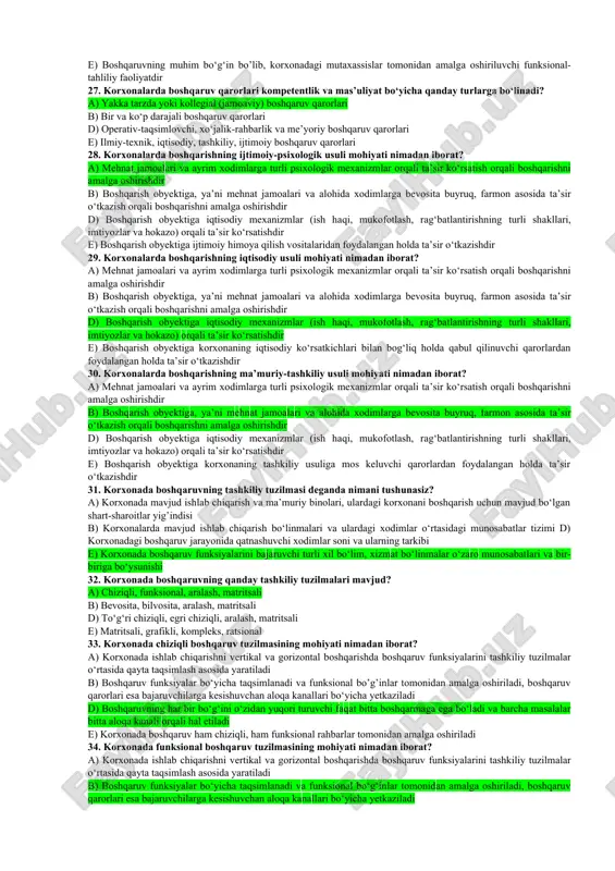 n munosabatlarini tartibga soladi b) diagonal munosabatlarni tartibga soladi - korxonalarning banklar va boshqa kredit tashkilotlari bilan munosabatlarini tartibga soladi d) vertikal munosabatlarni tartibga soladi - korxonalarning davlat va mahalliy boshqaruv organlari bilan, shu jumladan qonun chiqaruvchi (vakillik) va ijro etuvchi subyektlarining davlat organlari bilan munosabatlarini tartibga soladi e) ichki munosabatlarni tartibga soladi - korxonani boshqarish, mehnatni tashkil etish kabi munosabatlarini tartibga soladi 16. korxona faoliyatini tashkil etish, maqomini, asosiy vazifalarini, huquq va majburiyatlarini, javobgarligini, ichki munosabatlarni tartibga soluvchi hujjat qaysi javobda keltirilgan? a) litsenziya b) nizom d) buyruq e) shartnoma 17. korxonalarda boshqaruvning mohiyati nimadan iborat? a) korxonaning davlat tashkilotlari va hamkorlari bilan bo‘ladigan munosabatlarini tashkil etish bo‘yicha tegishli me’yoriy hujjatlarni ishlab chiqish hamda ularning amal qilishini ta’minlash b) korxonalardagi xodimlarga ularning mehnat foliyatlariga taalluqli ko‘rsatmalarni berib borish va uning bajarilishini nazorat qilish d) korxonalar faoliyatiga tegishli buyruqlarni ishlab chiqish va uni rahbariyatda tasdiqlatish jarayoni e) ijtimoiy mehnat jarayoniga …