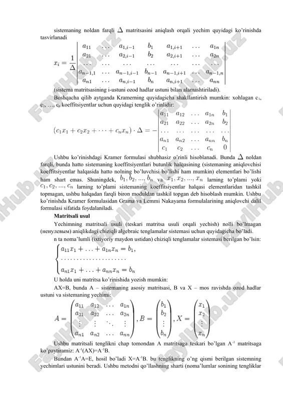 : keyinchalik asl muammoni hal qilish uchun kerak bo'lgan barcha quyi chiziqlar oldindan hisoblab chiqiladi va keyinchalik asl muammoning echimini yaratishda foydalaniladi. ushbu usul kerakli stack hajmi va funktsiyalar soni bo'yicha nuqtai nazaridan yuqoridan-pastga dasturlashdan afzaldir, lekin ba'zida kelajakda qaysi pastki satrlarni hal qilishimiz kerakligini oldindan aniqlash oson emas. ushbu laboratoriya ish topshirig’ini bajarish uchun oliy matematika kursidagi ba’zi zarur narsalarni eslab o’tamiz. chiziqli tenglamalar sistemasi n ta noma’lumli m ta algebraic chiziqli tenglamalar sistemasi (yoki, chiziqli sistema) chiziqli algebrada quyidagicha tenglamalar sistemasi ko’rinishida bo’ladi: (1) uchta o’zgaruvchidan iborat chiziqli tenglamalar sistemasi ikki o’lchovli yuzani tashkil qiladi. nuqtalar kesishmasi yechim hisoblanadi. bu yerda m – tenglamalar soni, n- noma’lumlar soni x1, x2, …, xn – aniqlanishi lozim bo’lgan noma’lumlar, noma’lumlar oldidagi koeffitsentlar, a11, a12, …, amn – sistemening koeffitsiyentlari va b1, b2, … bm - ozod hadlar (oldindan ma’lum deb olinadi) deyiladi. sistema koeffitsiyentlarining indeksi (aij) tenglamalarning nomerini (i) va …