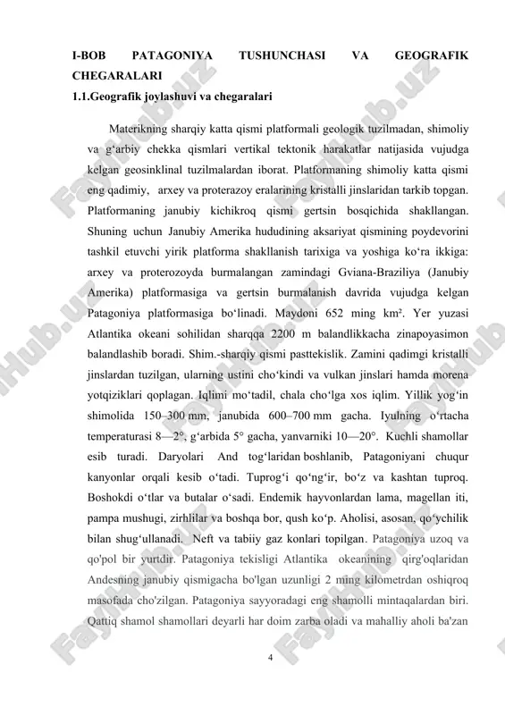 acha bo'lgan uzunligi 2 ming kilometrdan oshiqroq masofada cho'zilgan. patagoniya sayyoradagi eng shamolli mintaqalardan biri. qattiq shamol shamollari deyarli har doim zarba oladi va mahalliy aholi ba'zan hazilni yo'qotib qo'ysa, shamolning okeanga aylanishiga sabab bo'ladi. shamol ta'sirida daraxtlar tojlari odatda g'alati shakliga ega. 1.1.rasm gviana-braziliya platformasi patagoniya platformasiga nisbatan juda katta maydonni egallagan. uning hududi turli davrlarda vujudga kelgan xilma-xil jinslardan tarkib topgan. eng qadimiy kembriydan avval hosil bo‘lgan granit va gneyslar platformaning burmalangan va murakkab geologik strukturaga ega bo‘lgan zaminini tashkil etadi. platformaning usti paleozoy, mezozoy va kaynozoy eralarida hosil bo‘lgan yoshroq jinslar bilan qoplangan. bu jinslarning qalinligi qadimgi poydevor yuzasining relyef tuzilishiga bog‘liq. gviana-braziliya platformasining botiq zaminida asosan sinklinal tektonik strukturalar va ko‘tarilib turgan zaminida antiklinal tektonik strukturalar – qalqonlar vujudga kelgan. binobarin, sinklinal zonalarda akkumulyativ jarayon yetakchi o‘rin egallasa, antiklinal zonalarda denudatsiya jarayoni faol davom etadi. shuning uchun botiqlarda cho‘kindi jinslarning qalinligi minglab metrlar bilan o‘lchansa, qalqonlarda …