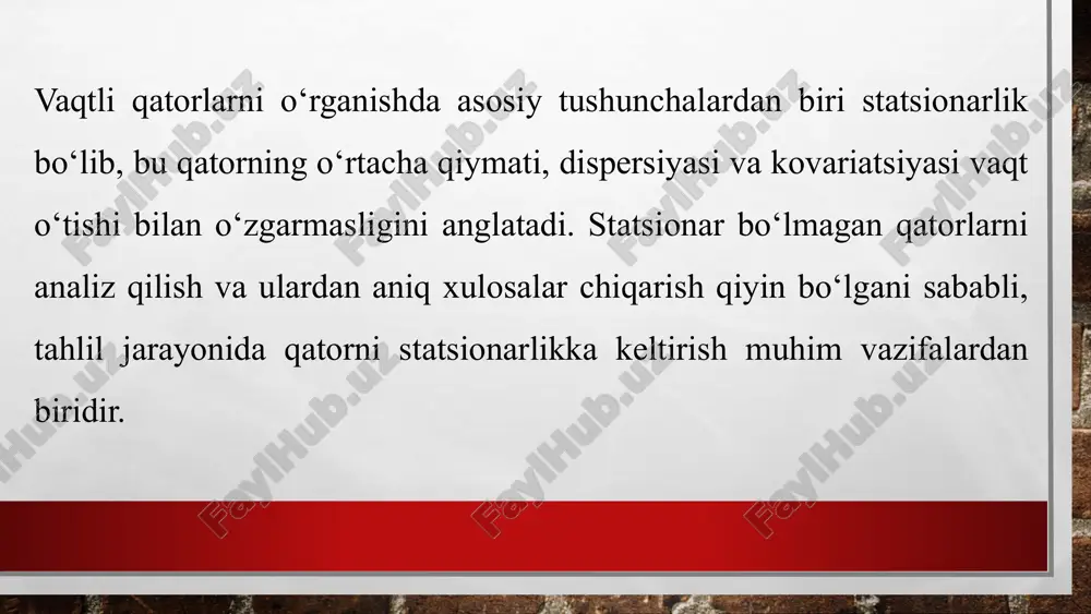 qo‘llash orqali vaqtli qatorlarning xususiyatlari aniqlanadi va ularga mos modellar tanlanadi. shu sababli, ekonometrik tadqiqotlarda vaqtli qatorlar tahlili dolzarb mavzulardan biri bo‘lib qolmoqda. foydalanilgan adabiyotlar: 1. gujarati, d. n. (2003). basic econometrics (4th ed.). mcgraw-hill. vaqtli qatorlar tahlili, statsionarlik va avtokorrelyatsiya haqida fundamental tushunchalar. 2. hamilton, j. d. (1994). time series analysis. princeton university press. vaqtli qatorlar tahlili bo‘yicha chuqur va batafsil tushuntirish. 3. enders, w. (2014). applied econometric time series (4th ed.). wiley. e’tiboringiz uchun rahmat🧑‍🎓 image4.png image5.svg image6.png image7.png image8.svg image11.png image12.svg oleobject1.bin image13.wmf oleobject2.bin image14.wmf oleobject3.bin image15.wmf oleobject4.bin image16.wmf image3.jpg t t t t y с x b a y e + + + = - 1 1 0 ... 3 1 0 2 1 0 1 0 0 + + + + = c b c b c b b b 1 1 < c ( ) 1 0 3 1 2 1 1 0 1 …