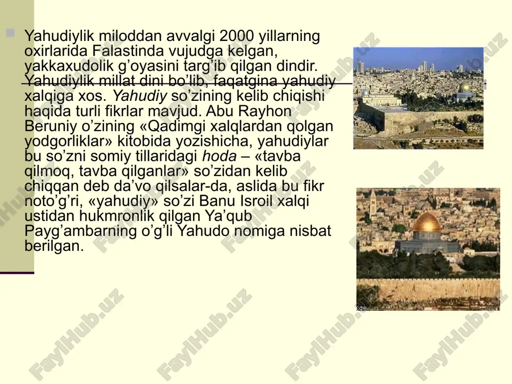 mamlakatning uchta ma’muriy hududida o’zining ibodatxonalariga ega bo’lib, jami sakkizta sinagoga ro’yxatdan o’tgan. testlar 1.yahudiylarning shabuot bayrami xo’jalikning qaysi turi bilan bog’liq? 1) dexqonchilik. 2) chorvachilik. 3) xunarmandchilik. 4) baliqchilik. 2. yaxudiylik dini qaerda vujudga kelgan? 1) isroilda. 2) falastinda. 3) sinay tog’larida. 4) kichik osiyoda, 3. din so’zining ma’nosi? 1) haqiqqat. 2) odil hayot. 3) ishonch. 4) to’g’ri so’z. 4. quyidagi dinlardan qaysi biri jahon dinlari tarkibiga kiradi? 1) islom. 2) induizm. 3) sintoizm. 4) yahudiylik. 5. o’zbekiston respublikasida nechta diniy koifessiya bor? 1) 12 ta. 2) 13 ta. 3) 14 ta. 4) 15 ta. 6. o’rta osiyo hududida yahudiylik qachon vujudga kelgan? 1) mil. av.i-ming yillikda. 2) mil. av.iii-ming yillikda. 3) milodning vi asrida. 4) milodning v asrida. 7. “har bir inson fikri, vijdon va din erkinligi huquqiga egadir” bu jumlalar qaysi qonundan olingan? 1) “vijdon erkinligi va diniy tashkilotlar to’g’risida”gi qonundan 2) inson huquqlari umumjahon deklaratsiyasidan 3) …