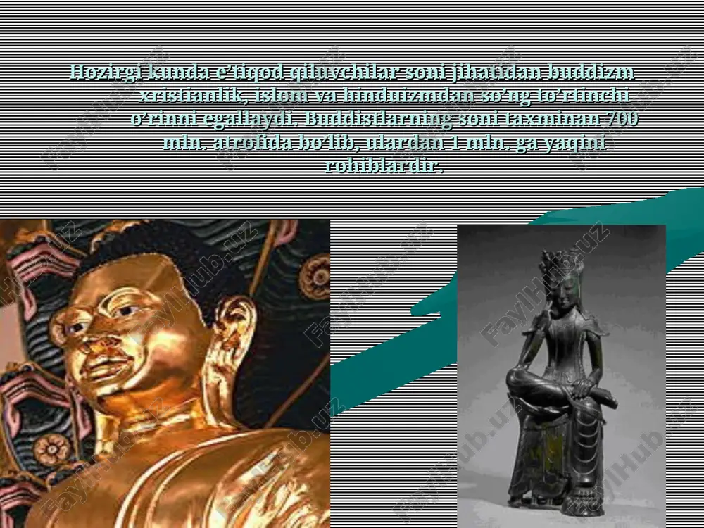 an diniy tizimdir. budda yangi diniy qonun-qoidalar, rasm-rusumlar ishlab chiqmagan, balki har bir inson tug’ilish va o’lim mashaqqatlaridan qutilishi uchun amal qilishi lozim bo’lgan bir necha ko’rsatmalarni ishlab chiqdi, xolos. uning ta’limoti insonning xayolida, ishlarida va o’zini tutishida samimiy oliyjanoblik g’oyasini ilgari suradi. u vedalardagi gunohsizlik ta’limotini inkor qildi, hayvonlarni vahshiyona qurbon qilishni qoraladi, varna (kasta) tizimini va undagi ruhoniylarning boshqalardan ustunligini inkor qildi. katolik oqimi xristianlikning yirik yo’nalishlaridan biri katolik oqimidir. u yevropa, osiyo, afrika va lotin amerikasi mamlakatlarida tarqalgan bo’lib, muxlislari taxminan 800 mln. kishini tashkil etadi. xristianlik buddaviylik buddaviylik foydalanilgan adabiyotlar 1.ortiqov a., abdusamedov a.e. dinshunoslik asoslari. 1-qism. mirzo ulug'bek nomidagi o'zbekiston milliy universiteti., t., 2000 y. 2. imom ismoil al-buxoriy. hadis. 1-4 jildlar. t., 1997 3.islom entsiklopediya (a-h). o'zbek milliy entsiklopediyasi davlat nashriyoti, t., 2004y.