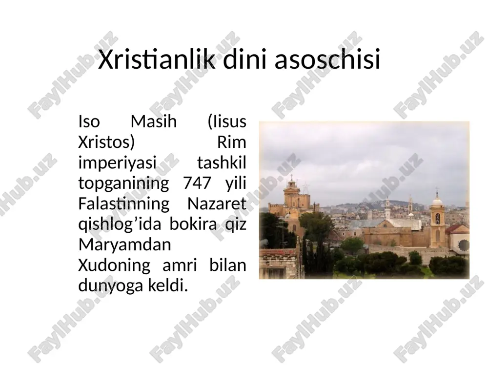 kon deb ataladi. ruhoniy (svyashennik) u boshqalarni ruhoniylikka bag’ishlash va cherkov suvini muqaddaslashtirishdan boshqa barcha sirli marosimlarni bajara oladi. kichik ruhoniylar ierey, katta ruhoniylar protoierey eng katta ruhoniylar protopresviter deb nomlanadi. episkop episkoplar barcha ibodat va sirli marosimlarni bajara oladilar. shuningdek, ular ma`lum bir shahar, oblast cherkovi yoki eparxiyani boshqara oladilar. nisbatan kattaroq episkoplar arxiepiskop deyiladi. poytaxt shaharlarning episkoplari mitropolit deb ataladi. pravoslav cherkovining eng oliy mansabi patriarxdir. katolik oqimi katolitsizm “umumiy, dunyoviy” degan ma`nolarni ifodalaydi. uning manbai – uncha katta bo`lmagan rim xristian jamoasi bo`lib, rivoyatlarga ko`ra uning birinchi episkopi apostol petr bo`lgan. katolitsizmda bibliyani sharhlash huquqi faqatgina ruhoniylar ga beriladi, chunki ular uylanmaslik – tselibat haqidagi diniy talabga amal qiladilar. diniy ibodatlar dabdabali va soxtalashtirilgan ko`rinishga ega, diniy o`qish, duo, iltijolar lotin tilida olib boriladi. katolik oqimi ta’limotidan a`rof haqidagi (do`zax va jannat oralig’idagi mavze) aqida faqat katolik ta`limotida mavjud. gunohi katta bo`lmagan gunohkorlarning ruhi u erda o`tda …