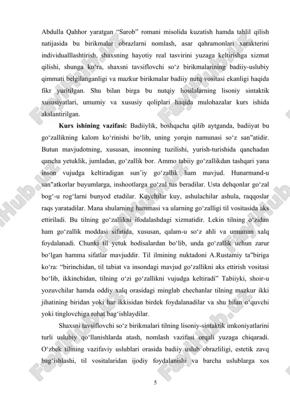 n, insonning tuzilishi, yurish-turishida qanchadan qancha yetuklik, jumladan, go‘zallik bor. ammo tabiiy go‘zallikdan tashqari yana inson vujudga keltiradigan sun’iy go‘zallik ham mavjud. hunarmand-u san atkorlar buyumlarga, inshootlarga go‘zal tus beradilar. usta dehqonlar go‘zal‟ bog‘-u rog‘larni bunyod etadilar. kuychilar kuy, ashulachilar ashula, raqqoslar raqs yaratadilar. mana shularning hammasi va ularning go‘zalligi til vositasida aks ettiriladi. bu tilning go‘zallikni ifodalashdagi xizmatidir. lekin tilning o‘zidan ham go‘zallik moddasi sifatida, xususan, qalam-u so‘z ahli va umuman xalq foydalanadi. chunki til yetuk hodisalardan bo‘lib, unda go‘zallik uchun zarur bo‘lgan hamma sifatlar mavjuddir. til ilmining nuktadoni a.rustamiy ta biriga‟ ko‘ra: “birinchidan, til tabiat va insondagi mavjud go‘zallikni aks ettirish vositasi bo‘lib, ikkinchidan, tilning o‘zi go‘zallikni vujudga keltiradi” tabiiyki, shoir-u yozuvchilar hamda oddiy xalq orasidagi minglab chechanlar tilning mazkur ikki jihatining biridan yoki har ikkisidan birdek foydalanadilar va shu bilan o‘quvchi yoki tinglovchiga rohat bag‘ishlaydilar. shaxsni tavsiflovchi so‘z birikmalari tilning lisoniy-sintaktik imkoniyatlarini turli uslubiy qo‘llanishlarda atash, nomlash …