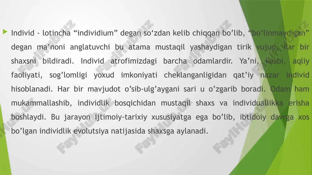 ng boshqalardan ajralib turadigan, o‘ziga xos, betakror xususiyatlari yig‘indisi. individuallik orqali odam o‘z shaxsiyati, qobiliyatlari va dunyoqarashini boshqalardan farqli qilib ifodalaydi. masalan, bir odamning san'atga ishtiyoqi yoki noodatiy fikrlash tarzi individuallikning namunasidir. e’tiboringiz uchun raxmat image1.png image2.png image3.jpeg image4.jpeg image5.jpeg image6.jpeg image7.png image8.jpeg copyright /docprops/thumbnail.jpeg