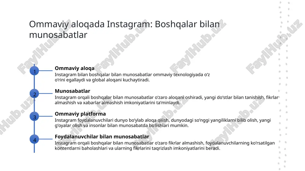 oqa instagram o'zbekistonda aloqa tuzishga imkon beradi va global o'zbek onlayn jamoalari uchun bir-biriga ulashish imkoniyatini yaratadi. madaniy ta'sir instagram o'zbekistondagi madaniy sohaga ta'sir ko'rsatadi va o'zbek axborot kommunikatsiyasi va ijtimoiy tarmoqni rivojlantiradi. online jamiyat instagram o'zbekistondagi foydalanuvchilar uchun onlayn jamiyatni yaratadi va uchraydi, jamiyatni bir-biriga yaqinlashtradi va aloqani kuchaytiradi. visual kontent instagram vizual kontentni o'zbek obro'lari bilan bog'laydi va o'zbek madaniyatini dunyoga taqdim etadi, madaniy ta'sirni kuchaytiradi va o'zini namoyish etadi. sotsial tarmoq va instagram munosabatlari 01 sotsial munosabatlar sotsial tarmoq orqali odamlar o'rtasidagi aloqalarni tashkil etish va rivojlantirishga oid muhim qo'llanma. instagram bu jarayonni oshirishda katta rol o'ynaydi. 02 ommaviy munosabatlar instagram global tarmoq sifatida dunyo bo'ylab odamlarni birlashtirish, rivojlantirish, va munosabatlar o'rnatishda o'rtacha vositalardan biridir. o'zbekistonda ham katta ommaviy ahamiyatga ega. 03 munosabatlar va marketing instagram muhitida tashqi munosabatlar va marketingning o'zaro bog'liqligini tushunish, kontentni to'g'ri qo'llash va doimiy ravishda obuna bo'lish muhimdir. oʻzbekistonning instagramga oʻrtacha oqimi …