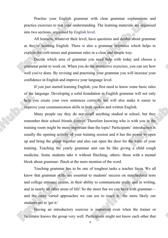 e. some students take it without flinching; others- those with a mental block about grammar- flinch at the mere mention of the word. teaching grammar has to be one of toughest tasks a teacher faces. we all know that grammar skills are essential to students' success on standardized tests and college entrance exams, in their ability to communicate orally and in writing, and in nearly all other areas of life! so the more fun we can have with grammar—and the more varied approaches we can use to teach it—the more likely our students are to 'get it.[footnoteref:1] [1: abbott g., d. mckeating, j. greenwood, and p. wingard. 1981. the teaching of english as an international language. a practical guide. london. ] this week, education world is offering a handful of lesson ideas to help you lighten up with grammar. these lessons help you lessen the pain, if you will. are …
