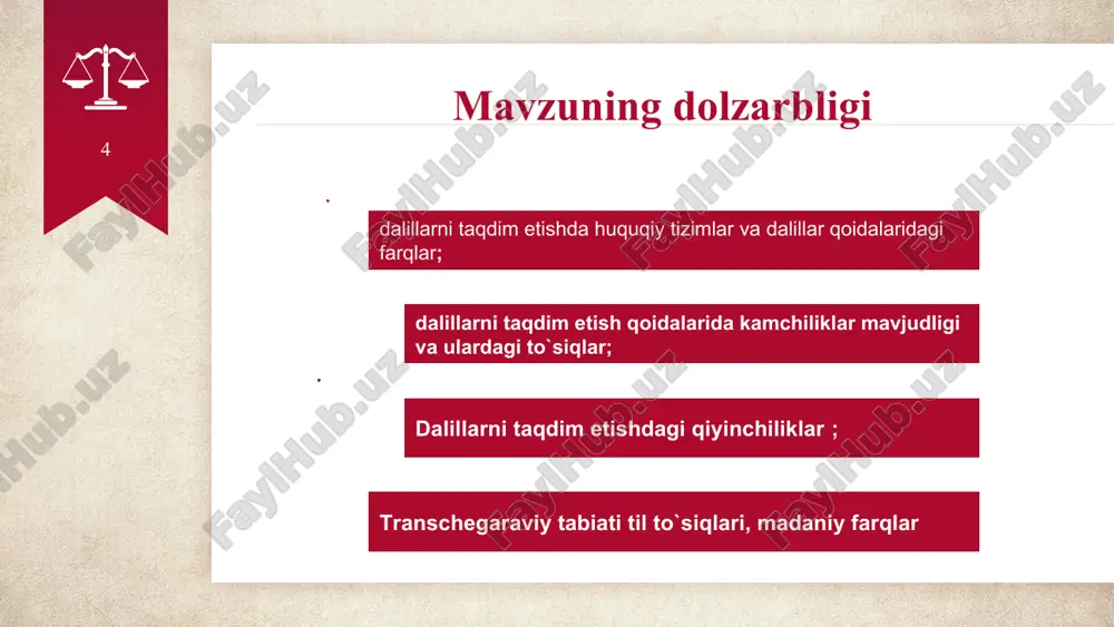 larim. xalqaro huquqiy yordam bo‘yicha protsessual normalarning xalqaro universal unifikatsiyasi sohasida 1965-yil 15-noyabrda qabul qilingan “fuqarolik va savdo ishlari bo‘yicha sud hujjatlari va sudga oid bo‘lmagan hujjatlarni chet elda topshirish to‘g‘risida”, 1970-yil 18-martda qabul qilingan “fuqarolik va savdo ishlari bo‘yicha dalillarni qabul qilish to‘g‘risida” konvensiyalariga qo‘shilish taklif etiladi. 13 1-taklif 2-taklif o‘zbekiston respublikasi boshqa xorijiy davlatlar bilan mintaqaviy hamda davlatlararo fuqarolik, oilaviy va fuqarolik ishlar bo‘yicha huquqiy yordam va huquqiy munosabatlarga oid xalqaro hujjatlar bo‘yicha zamonaviy texnologiyalardan foydalangan holda dalillarni taqdim etishning samaradorligi va qulayligini oshirish uchun elektron hujjat aylanish tizimlari, guvohlarning koʻrsatuvlari uchun videokonferensaloqa vositalari va koʻrgazmali qurollar uchun taqdimot dasturlari kabi zamonaviy texnologiyalardan foydalanish bo‘yicha hamkorlik memorandumlari ishlab chiqilishi maqsadga muvofiq hisoblanadi. 14 2-taklif fuqarolik protsessida dalillarni ta’minlash uchun o‘zbekiston respublikasi oliy sudi tomonidan yangi plenum qarori sifatida protsessual qoidalar ishlab chiqilishi kerak. unda taqdim etish muddatlariga rioya qilish, dalillarni taqdim etishning tegishli formatiga rioya qilish va boshqa …