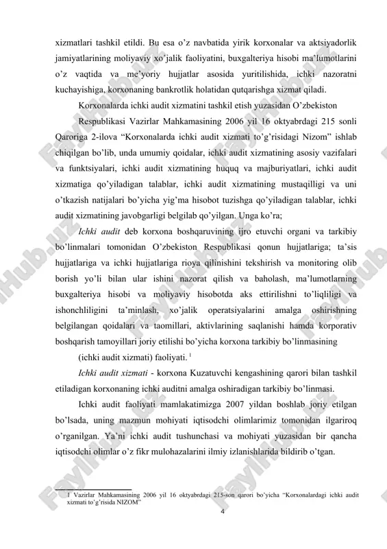 audit tushunchasi va mohiyati yuzasidan bir qancha iqtisodchi olimlar o’z fikr mulohazalarini ilmiy izlanishlarida bildirib o’tgan. aqshdagi ichki auditorlar institutining ta’rifiga ko’ra ichki audit - iqtisodiy sub’ektda shakllantirilgan, uning mulkdorlari manfaatlarini himoya qiladigan va uning ichki hujjatlari tizimini tartibga soladigan, buxgalteriya hisobi yuritish o’rnatilgan tartibining bajarilishi ustidan nazorat tizimini yaratish va ichki nazorat tizimining faoliyat yuritishining mustahkamlaydigan tizimdir. ichki audit deb korxonaning kuzatuv kengashiga bo’ysunadigan, ularni doimo axborot bilan ta’minlab turadigan, moliyaviy hisobotlar ustidan doimiy nazorat olib boradigan, korxonaning boshqarishda qabul qilinadigan iqtisodiy qarorlar chiqarishda o’z hissasini qo’shadigan faoliyatga aytiladi. ichki audit xizmati deganda xo’jalik yurituvchi sub’ektlar ijroiya organi, vakolatxonalari va filiallari tomonidan qonun hujjatlariga, ta’sis hujjatlari va boshqa hujjatlarga rioya etilishini, buxgalteriya hisobi va moliyaviy hisobotlarda ma’lumotlarning to’liq hamda to’g’ri aks ettirilishi ta’minlanishini, xo’jalik operatsiyalarini amalga oshirishning belgilangan qoidalari va tartib-taomillariga rioya etilishini, aktivlarning saqlanishini, shuningdek jamiyatni boshqarish yuzasidan qonun hujjatlarida belgilangan talablarga rioya etilishini tekshirish va bu borada …