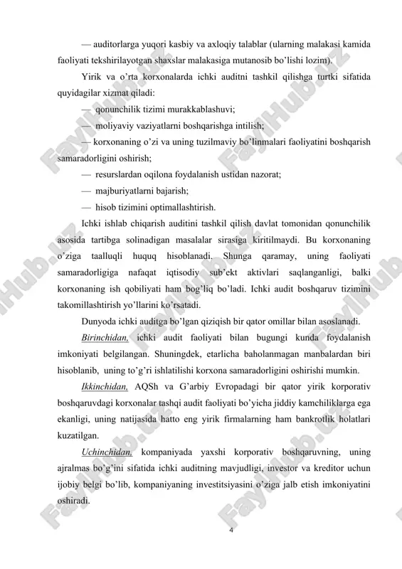 fond birjalarining qonunqoidalari kompaniyada ichki auditning mavjudligi talab etiladi va ularni qimmatli qog’ozlar bozoriga chiqish uchun zarur bo’lib, ularga shart sharoit yaratib beradi. xususan, mamlakatimizda qimmatli qog’ozlar bozorini rivojlantirishga katta e’tibor berilmoqda. o’zbekiston respublikasi prezidentining 27.09.2006 y. n pq-475 son «qimmatli qog’ozlar bozorini yanada rivojlantirish chora-tadbirlari to’g’risida»gi qaroriga muvofiq 2007 yilning 1 yanvaridan boshlab aktivlarining balans qiymati 1 mlrd. so’mdan ko’proq bo’lgan korxonalarda kuzatuvchi kengashlar tomonidan tayinlanadigan va ularga hisobot beradigan ichki audit xizmatlari tashkil etildi. bu esa o’z navbatida yirik korxonalar va aktsiyadorlik jamiyatlarining moliyaviy xo’jalik faoliyatini, buxgalteriya hisobi ma’lumotlarini o’z vaqtida va me’yoriy hujjatlar asosida yuritilishida, ichki nazoratni kuchayishiga, korxonaning bankrotlik holatidan qutqarishga xizmat qiladi. korxonalarda ichki audit xizmatini tashkil etish yuzasidan o’zbekiston respublikasi vazirlar mahkamasining 2006 yil 16 oktyabrdagi 215 sonli qaroriga 2-ilova “korxonalarda ichki audit xizmati to’g’risidagi nizom” ishlab chiqilgan bo’lib, unda umumiy qoidalar, ichki audit xizmatining asosiy vazifalari va funktsiyalari, ichki audit xizmatining huquq va …