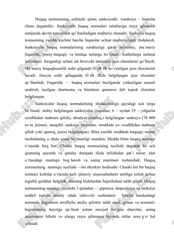 mlarni barcha harakatdagi normativ hujjatlarni atroflicha analiz qilishni talab etadi, qonun va normativ hujjatlarning hayotga qo`llash uchun mavjud bo`lgan sharoitni, uning mazmunini bilishi va ularga rioya qilinmasa hayotda ishlar noto`g`ri hal qilinadi. 2. huquq normalarining turlari. jamiyatda ijtimoiy hayotning barcha tomonlarini tartibga soluvchi huquq normalari mavjud. bulardan tug`ri foydalanish uchun huquq normalari quyidagi turlarga bo`lniadi: birinchidan, huquq normalari jamiyatda kishilar o`rtasidagi ijtimoiy munosabatlarning tartibga solish predmeti va usuliga qarab turli huquq sohalariga bo`linadi. masalan konstitutsiyaviy huquq normasi, ma`muriy normasi, fuqarolik huquq normasi, jinoyat huquq normasi mehnat huquq normasi, moliya huquq normasi va bopshalar. ikkinchidan, huquq normalari qaysi davlat organi chiqarishiga — ya`ni subyektiga qarab qonunlarga (davlat konstitutsiyasi va joriy qonunlar) va qonun osti aktlariga (farmon, karor, farmoyish va boshqalarga) ajratiladi. o`zbekiston respublikasida qonun chiqaruvchi oliy organ —o`zbekistan respublikasi oliy majlisi bo`lib, u faqat qonun qabul qiladi. o`zbekiston respublikasi prezidenti davlat va ijro etuvchi davlat hokimiyat boshlig`i bo`lib, qarorlar, farmonlar va …