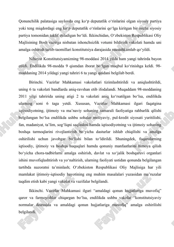 tisodiy, ijtimoiy va boshqa huquqlari hamda qonuniy manfaatlarini himoya qilish bo‘yicha chora-tadbirlarni amalga oshirish, davlat va xo‘jalik boshqaruvi organlari ishini muvofiqlashtirish va yo‘naltirish, ularning faoliyati ustidan qonunda belgilangan tartibda nazoratni ta’minlash; o‘zbekiston respublikasi oliy majlisiga har yili mamlakat ijtimoiy-iqtisodiy hayotining eng muhim masalalari yuzasidan ma’ruzalar taqdim etish kabi yangi vakolat va vazifalar belgilandi. ikkinchi. vazirlar mahkamasi ilgari “amaldagi qonun hujjatlariga muvofiq” qaror va farmoyishlar chiqargan bo‘lsa, endilikda ushbu vakolat “konstitutsiyaviy normalar doirasida va amaldagi qonun hujjatlariga muvofiq” amalga oshirilishi belgilandi. uchinchi. vazirlar mahkamasi ilgari o‘z faoliyatida “o‘zbekiston respublikasi prezidenti va o‘zbekiston respublikasi oliy majlisi” oldida javobgar bo‘lgan bo‘lsa, endilikda ustuvorlik o‘zgarib, javobgarlik dastlab o‘zbekiston respublikasi oliy majlisi va undan keyin o‘zbekiston respublikasi prezidenti oldida etib belgilandi. to‘rtinchi. ilgari amaldagi vazirlar mahkamasi o‘z vakolatlarini zimmasidan soqit qilgach, vazirlar mahkamasining yangi tarkibi shakllantirilguniga qadar hukumat qanday faoliyat yuritishi masalasi ochiq qolgan edi. endilikda ushbu muammo hal etildi – amaldagi vazirlar mahkamasi uning …