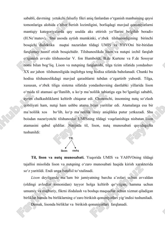 riyotchi tilshunoslar umisning tildagi voqelanishiga nisbatan lison atamasini qabul qildilar. natijada til, lison, nutq munosabati quyidagicha tushunildi: til, lison va nutq munosabati. yuqorida umis va yahvoning tildagi tajallisi misolida lison va nutqning o‘zaro munosabati haqida kirish xarakterida so‘z yuritildi. endi unga batafsil to‘xtalinadi. lison deyilganda ma’lum bir jamiyatning barcha a’zolari uchun avvaldan (oldingi avlodlar tomonidan) tayyor holga keltirib qo‘yilgan, hamma uchun umumiy va majburiy, fikrni ifodalash va boshqa maqsadlar uchun xizmat qiladigan birliklar hamda bu birliklarning o‘zaro birikish qonuniyatlari yig‘indisi tushuniladi. demak, lisonda birliklar va birikish qonuniyatlari farqlanadi. har qanday lisoniy birlik psixofizik tabiatli bo‘ladi. shu bilan birga ular ikki tomonning bir butunligidan iborat: a) lisoniy birlikning shakliy, tashqi tomoni; b) lisoniy birlikning ma’lum bir vazifasi, ma’noviy qiymati. lisoniy birliklar umis sifatida mavjud ekan, u moddiylikdan xoli bo‘lmog‘i lozim. bunda «lisoniy birlikning tashqi tomoni» ko‘rinishga, moddiylikka ishora qilmaydimi, degan savol tug‘ilishi tabiiy. to‘g‘ri, lisoniy birlik moddiy qiyofadan xoli. biroq ular …