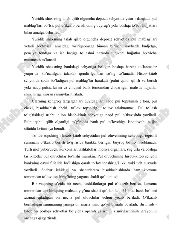 a bank bo’limi xizmat qiladigan bir necha pul oluvchilar uchun yozib beriladi. o’tkazib beriladigan summaning jamiga bir marta imzo qo’yilib muhr bosiladi. bu hisob - kitob va boshqa schyotlar bo’yicha operatsiyalarni rismiylashtirish jarayonini anchaga qisqartiradi. hisoblashishning aksept shaklida jo’natilgan mahsulotlar uchun mol yuboruvchilar to’lov talabnoma–topshiriq yozadi. bank belgilangan vaqtda korxonaga uning hisob–kitob schyotidan tegishli dastlabki hujjatlarni ilova qilib ko’chirma berib turadi. hisob–kitob schyotining ko’chirmasida mablag’larning qoldig’i va hisob–kitob schyotiga kirim kreditiga yoziladi, chunki bank korxonaning pulini saqlab o’zini korxonadan qarzdor deb biladi, o’zining qarzini kamayishi esa – debetiga yoziladi. buxgalter ko’chirmani ishlab chiqishda bu xususiyatni esda tutib qoldiq va tushum hisob–kitob schyotining debetiga, chiqimi esa – kreditiga yoziladi. hisob-kitob schyotidan beriladigan ko’chirma ma’lum ko’rsatkichlarga ega bo’lib, yozuvlarni qisqartirish maqsadida ularning bir qismi kodlashtirilgan. ko’chirmani ishlab chiqayotgan buxgalter bu kodlar ma’nosini bilishi kerak. ko’chirmalar olingan kuni ular tekshiriladi va ishlab chiqiladi. bunda barcha yozuvlar ilovada keltirilgan hujjatlar bilan solishtiriladi va xato …
