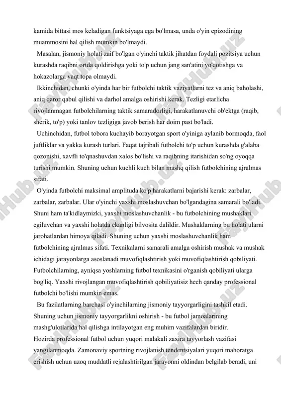 dlaymizki, yaxshi moslashuvchanlik - bu futbolchining mushaklari egiluvchan va yaxshi holatda ekanligi bilvosita dalildir. mushaklarning bu holati ularni jarohatlardan himoya qiladi. shuning uchun yaxshi moslashuvchanlik ham futbolchining ajralmas sifati. texnikalarni samarali amalga oshirish mushak va mushak ichidagi jarayonlarga asoslanadi muvofiqlashtirish yoki muvofiqlashtirish qobiliyati. futbolchilarning, ayniqsa yoshlarning futbol texnikasini o'rganish qobiliyati ularga bog'liq. yaxshi rivojlangan muvofiqlashtirish qobiliyatisiz hech qanday professional futbolchi bo'lishi mumkin emas. bu fazilatlarning barchasi o'yinchilarning jismoniy tayyorgarligini tashkil etadi. shuning uchun jismoniy tayyorgarlikni oshirish - bu futbol jamoalarining mashg'ulotlarida hal qilishga intilayotgan eng muhim vazifalardan biridir. hozirda professional futbol uchun yuqori malakali zaxira tayyorlash vazifasi yangilanmoqda. zamonaviy sportning rivojlanish tendentsiyalari yuqori mahoratga erishish uchun uzoq muddatli rejalashtirilgan jarayonni oldindan belgilab beradi, uni bosqichma-bosqich shakllantirish tizimini takomillashtirish zarurligini taqozo etadi. bu futbolga to'liq tegishli. sportchilarni tayyorlash uyg'un va izchil mashqlar metodologiyasiga asoslanishi kerak, bu esa sport mahoratining samarali rivojlanishini, funktsional imkoniyatlarning jadal o'sishini va ularning to'g'ri bajarilishini ta'minlaydi, shunga …