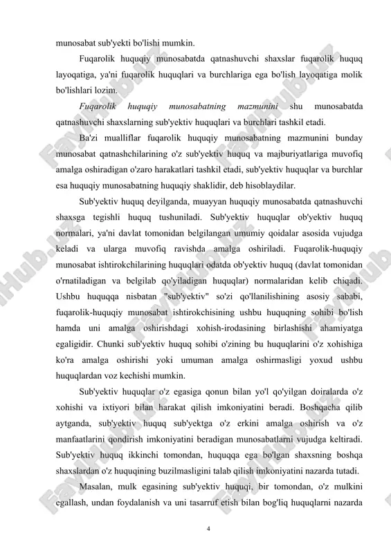 n yo'l qo'yilgan doiralarda o'z xohishi va ixtiyori bilan harakat qilish imkoniyatini beradi. boshqacha qilib aytganda, sub'yektiv huquq sub'yektga o'z erkini amalga oshirish va o'z manfaatlarini qondirish imkoniyatini beradigan munosabatlarni vujudga keltiradi. sub'yektiv huquq ikkinchi tomondan, huquqqa ega bo'lgan shaxsning boshqa shaxslardan o'z huquqining buzilmasligini talab qilish imkoniyatini nazarda tutadi. masalan, mulk egasining sub'yektiv huquqi, bir tomondan, o'z mulkini egallash, undan foydalanish va uni tasarruf etish bilan bog'liq huquqlarni nazarda tutsa, ikkinchi tomondan, u sub'yektiv huquq egasi sifatida o'z huquqlarining buzilmasligini har kimdan talab qila oladi. sub'yektiv huquqlar o'z harakatlariga ko'ra mulkiy yoxud shaxsiy nomulkiy bo'lishi mumkin. o'zbekiston respublikasida sub'yektiv huquqlar kafolatlangan huquqlardir. davlat bu huquqlarning amalga oshirilishini ta'minlaydigan moddiy sharoitlarni yaratadi. huquqiy munosabatlarning mazmunini yuqorida ko'rsatilganidek, huquqlar bilan bir qatorda majburiyatlar ham tashkil etadi. majburiyatning mohiyati shundaki, bunda huquqiy tartibning talabi bo'yicha uni o'z zimmasiga olgan shaxs ma'lum harakatlarni qilishga yoki harakatlarni qilishdan saqlanishga majbur bo'ladi. har qanday majburiyat …