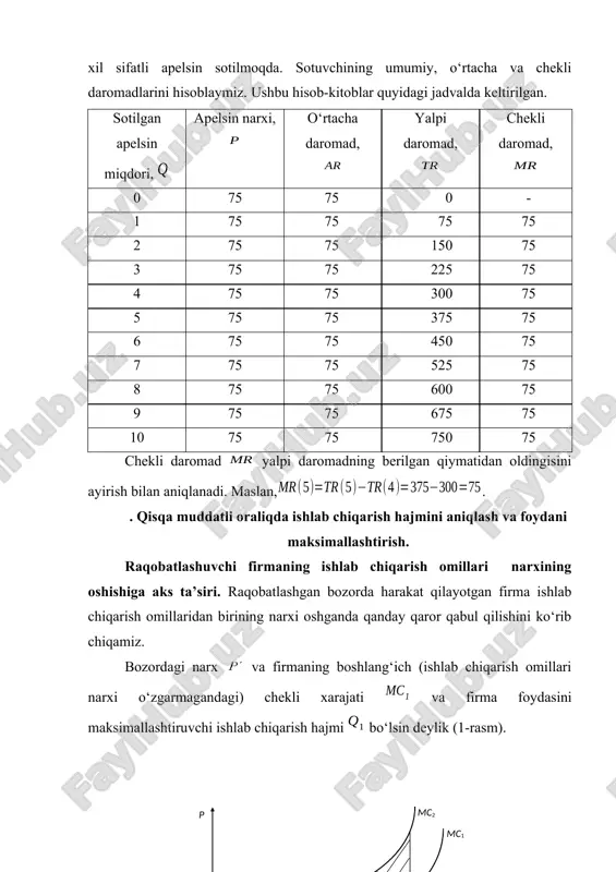 ). demak, foyda ishlab chiqarish hajmi bo‘lganda maksimallashadi (2-b -rasm). ishlab chiqarish hajmi dan oshganda umumiy xarajatlarning o‘sishi daromad o‘sishiga nisbatan ustunroq bo‘lgani uchun foyda kamayib boradi. rasmdan ko‘rinib turibdiki, ishlab chiqarish hajmi q1 gacha bo‘lganda firma zarar bilan ishlaydi, nima uchun deganda . firma q1 va oraliqda foyda oladi va bu foyda ga qadar oshib, ishlab chiqarish hajmi ga teng bo‘lganda maksimal qiymatga erishadi. n nuqtada daromad chizig‘ining burchak koeffitsienti (chekli daromad ) umumiy xarajat chizig‘ining burchak koeffitsientiga (chekli xarajatiga ) teng . shunday qilib, firmaning chekli daromadi bilan chekli xarajati bir-biriga teng bo‘lganda foyda maksimal qiymatga erishadi. foydani maksimallashtirish sharti bo‘lib, firma qaysi bozorda (raqobatlashgan, monopol, oligopol) faoliyat ko‘rsatmasin, u o‘z kuchini saqlab qoladi. yuqoridagi mulohazalardan shu kelib chiqadiki, agar bo‘lganda, firma mahsulot ishlab chiqarish hajmini oshirishi kerak (har bir qo‘shimcha ishlab chiqarilgan mahsulot umumiy foydani oshirib boradi), agar bo‘lsa - ishlab chiqarish hajmini qisqartirish kerak bo‘ladi. “we …