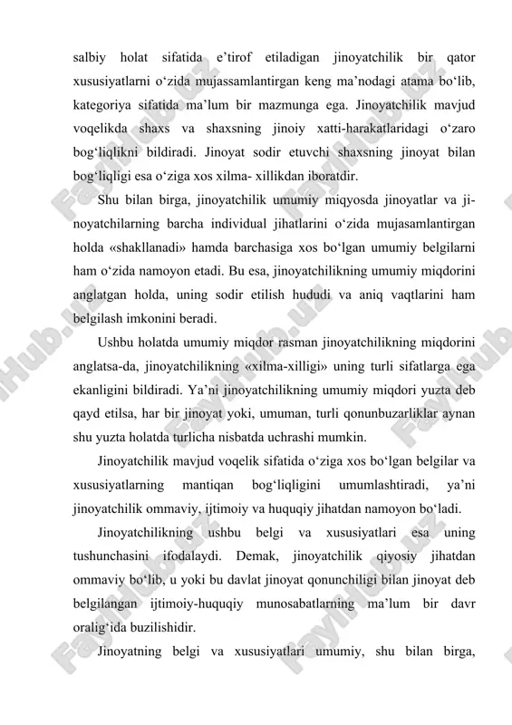 etish (birinchi bor sodir etilgan jinoyatning turlari) va qayta yoki retsidiv jinoyatlar (retsidiv jinoyatlarning turlari)dan iboratdir. jinoyatchilikning bu ikki turi, o‘z navbatida, ayollar va erkaklar tomonidan sodir etiladigan jinoyatchilik turlariga bo‘linadi. jinoyatchilikni shu tariqa tabaqalashtirish erkaklar va ayollar jinoyatchiligini yosh jihatdan ham ikki turga, ya’ni voyaga yetgan va yetmaganlar jinoyatchiligiga ajratishni taqozo etadi. bugunga kelib kriminologiyada jinoyatchilikning o‘n to‘rt turi mavjud deb e’tirof etilgan bo‘lib, har bir turdagi jinoyatchilik o‘ziga xos bo‘lgan jinoyat guruhlarini mujassamlashtirgandir. bu esa jinoyatchilikka qarshi kurashni tashkil etishdagi mavjud muammolarni aniq belgilashga yordam beradi. bayon etilganlardan ko‘rinib turibdiki, jinoyatchilik elementlarini belgilashda «jinoyatchilikning umumiy holati» va «jinoyatchilikning miqdor ko‘rsatkichlari»ni o‘z mazmun-mohiyatiga ko‘ra ta’riflash lozim. umuman, jinoyatchilikning quyidagi to‘rtta, ya’ni umumiy holati, darajasi, dinamikasi va tuzilishi kabi elementlari mavjuddir. jinoyatchilikning tarkibiy tuzilishi. ma’lumki, jinoyatchilik oddiy arifmetik yig‘indi sifatida miqdoran ko‘rib chiqilmaydi, balki shu jinoyatlar o‘rtasidagi «o‘zaro bog‘liqlik» xususiyatlaridan kelib chiquvchi tarkibiga ko‘ra baholanadi. jinoyatlarning turlicha bo‘lishi va ular …