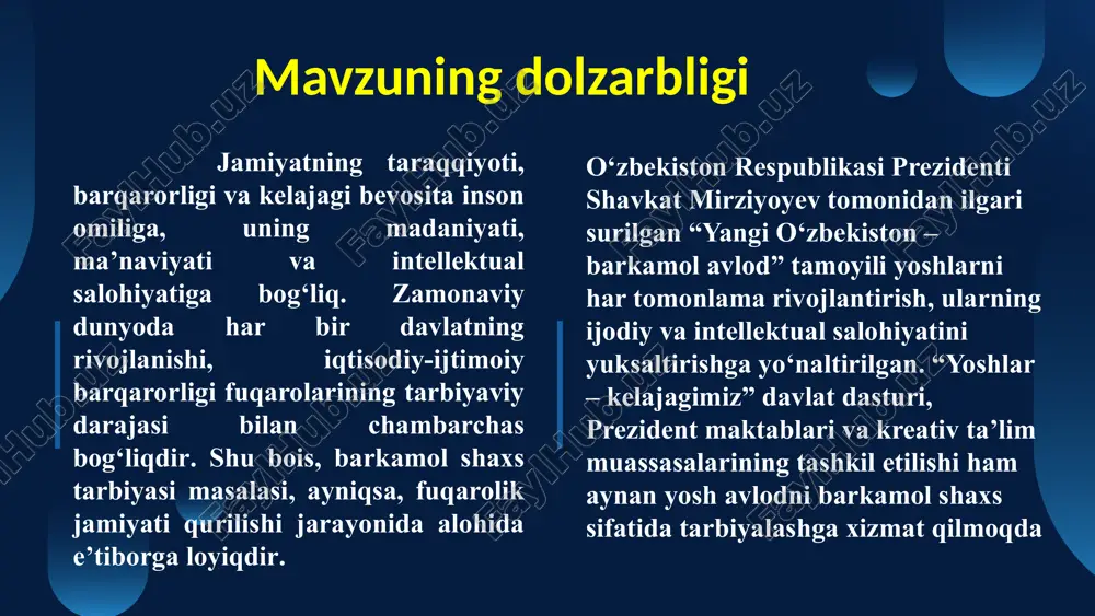 bo‘lishi, muhtojlarga yordam berishi zarur. adolat va haqqoniylik – inson o‘z faoliyatida adolat tamoyillariga amal qilishi lozim mas’uliyat va fidoyilik – barkamol shaxs o‘z zimmasiga yuklatilgan vazifalarni halol va sidqidildan bajarishi shart. vatanga sadoqat – barkamol shaxs o‘z yurtini sevishi, uning taraqqiyoti uchun xizmat qilishi kerak barkamol shaxsning asosiy axloqiy fazilatlari ma’naviy tarbiyaning fuqarolik jamiyatiga ta’siri demokratik qadriyatlarni shakllantirish – ma’naviy tarbiya orqali insonlar erkin fikrlashni, huquq va majburiyatlarini anglashni o‘rganadilar. huquqiy madaniyatni rivojlantirish – ma’naviy yetuk shaxs o‘zining va boshqalarning huquqlariga hurmat bilan munosabatda bo‘ladi. ijtimoiy faollikni oshirish – ma’naviy jihatdan yetuk inson jamiyat taraqqiyotida faol ishtirok etadi. tolerantlik va bag‘rikenglikni shakllantirish – ma’naviy tarbiya insonlarni turli madaniyat va e’tiqodlarga nisbatan hurmat bilan munosabatda bo‘lishga o‘rgatadi. jamiyat taraqqiyotida barkamol shaxsning o‘rni har qanday jamiyat barqaror rivojlanishiga erishish uchun uning a’zolari yuqori intellektual salohiyat va axloqiy fazilatlarga ega bo‘lishi kerak. barkamol shaxs jamiyatda quyidagi jihatlar orqali barqarorlikni ta’minlaydi ilm-fan va …