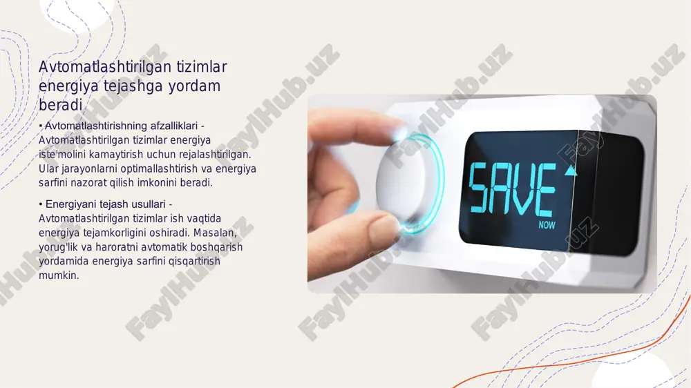 adi. ular energiya sarfini kuzatish va tahlil qilish orqali energiya resurslarini tejash imkonini beradi. • xarajatlarni kamaytirish - energiya monitoringi xarajatlarni kamaytirishga xizmat qiladi. energiya nonullari bilan bogʻliq xarajatlarni aniqlab, zarur choralarni ko‘rish orqali tejash mumkin. tizimlar energiya ta'minotini optimallashtiradi • energiya samaradorligi - tizimlar energiya sarfini kamaytiradi va sifatini oshiradi. ular resurslarni samarali taqsimlashni ta'minlaydi. • avtomatlashtirish - zamonaviy texnologiyalar energiya ta'minotini avtomatlashtirish orqali kuzatuv va boshqaruvni osonlashtiradi. • yashil energetika - tizimlar qayta tiklanadigan energiya manbalaridan foydalanish imkonini beradi, bu esa atrof-muhitni muhofaza qiladi. • innovatsion yechimlar - yangi yechimlar energiya iste'molini optimallashtirishda muhim rol o'ynaydi, bu kelajakda iste'molchilarni qo'llab-quvvatlaydi. avtomatlashtirilgan tizimlar foydalanuvchilarga qulaylik yaratadi • avtomatlashtirish tushunchasi - avtomatlashtirish – inson aralashuvisiz jarayonlarni amalga oshirishdir. bu tizimlar foydalanuvchilarning vaqtini tejaydi. • uskunalar va dasturlar - avtomatlashtirilgan tizimlar ko'plab uskunalar va dasturlar yordamida ishlaydi. misol uchun, uy smart tizimlari. ✅ xulosa elektr energiyasini nazorat qilish va hisobga olishda …