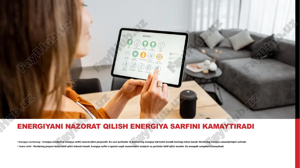 lar samaradorlikni oshirishga yo'naltirilgan. energiya tejamkorligini baholash vositalarini qo'llang energiyani hisobga olish jarayonini avtomatlashtiring • energiya hisobi - energiya hisobga olish jarayoni tashkilotlar uchun muhim. bu jarayon energiya iste'molining samaradorligini oshirishga yordam beradi. • avtomatlashtirishning afzalliklari - avtomatlashtirilgan tizimlar energiya bilan bog'liq ma'lumotlarni tez va aniq yig'ishga imkon beradi. bu, vaqtni tejaydi va xatoliklarni kamaytiradi. • texnologik yechimlar - energiya hisobini avtomatlashtirish uchun zamonaviy dasturiy ta'minot va sensorlar qo'llaniladi. bular asosida energiya iste'moli haqida batafsil ma'lumotlar olinadi. • natijalar va tahlil - avtomatlashtirilgan energiya hisobi tashkilotlarga energiya sarfini tahlil qilish va qo'shimcha resurslarni tejash imkonini beradi. bu tavsiya etiladi. • energiyani tejashning ahamiyati - energiyani tejash iqtisodiy va ekologik barqarorlik uchun muhimdir. tejamkorlik moliyaviy xarajatlarni kamaytiradi. • hisobot tayyorlash - hisobotlar energiya sarfini va tejash imkoniyatlarini aniqlashga yordam beradi. ular ma'lumotlarni to'playdi va tahlil qiladi. energiyani tejash bo'yicha hisobotlar tayyorlang xulosa energiyani hisobga olish tizimi – bu faqat energiya sarfini …