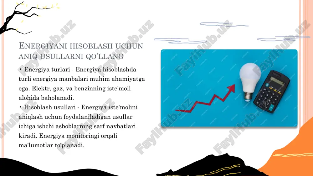 i aynan nazorat va hisob tizimlariga bog„liq. ushbu ish davomida elektr energiyasi hisobini tashkil etish prinsiplari, zamonaviy hisoblagich turlari, ularning afzalliklari hamda energiyani masofadan boshqarish imkoniyatlari o„rganildi. avtomatlashtirilgan hisoblash tizimlari (askue) orqali nafaqat energiya iste‟molini aniqlash, balki analiz qilish va optimallashtirish imkoniyati mavjudligi isbotlandi. bundan tashqari, hisoblash tizimlarining texnik-iqtisodiy samaradorligi, ularni joriy etish bosqichlari va texnik me‟yorlari tahlil qilindi. tadqiqot natijasida quyidagi xulosalarga kelindi: elektr energiyasining hisob va nazorati iste‟molchilar va ishlab chiqaruvchilar uchun iqtisodiy jihatdan muhimdir; raqamli va avtomatlashtirilgan tizimlardan foydalanish energiya samaradorligini oshiradi; askue tizimlari elektr energiyasining be‟maqsad sarfini aniqlash va oldini olishda muhim vositadir; tizimni loyihalashda elektr xavfsizligi, texnik me‟yorlar va standartlarga qat‟iy rioya qilish zarur. kelajakda energiya resurslarini tejash va uzluksiz energiya bilan ta‟minlashni ta‟minlashda bunday nazorat va hisoblash tizimlarining ahamiyati yanada ortib boradi. foydalanilgan adabiyotlar nazarov k.m. – elektrosnabjenie promishlennix predpriyatiy, moskva: energoatomizdat, 2011. urazbaev a.j. – energetika va elektr ta'minoti, toshkent: “fan”, 2015. maxkamov …