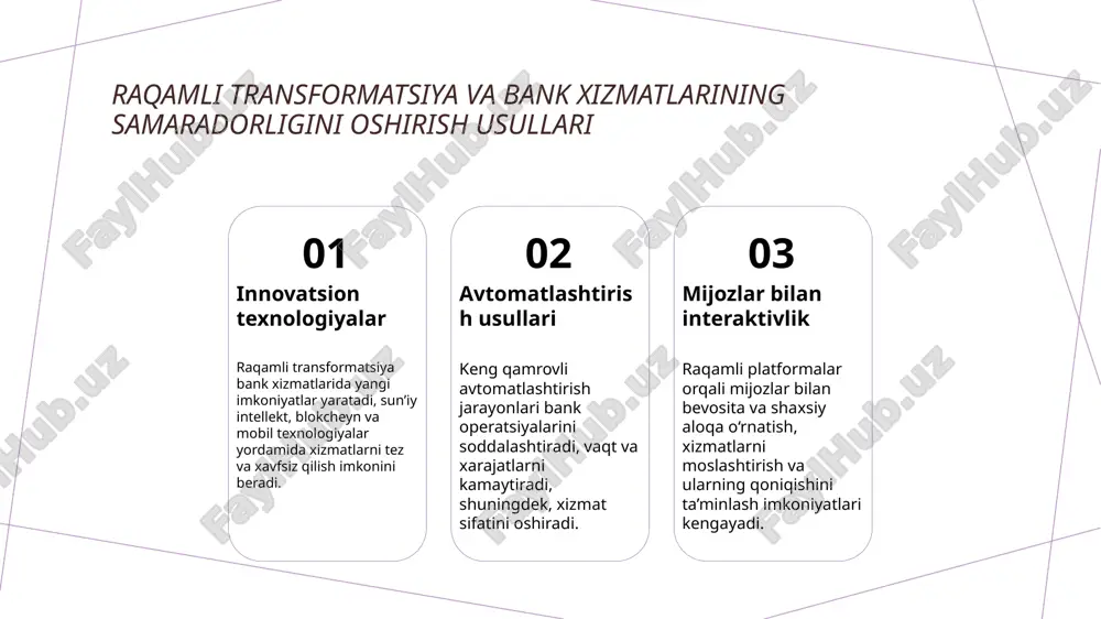 tizimlari va fintech yozilishining bank sektori uchun yangi imkoniyatlar innovatsion to’lovlar yangi imkoniyatlar xavfsizlik va ishonchlilik digital to’lov tizimlari va fintech yozilishlari bank xizmatlarini tez va qulay qilish imkoniyatini yaratadi. bu texnologiyalar orqali kundalik to’lovlar oson va xavfsiz amalga oshiriladi. fintech yozilishlari bank sektori uchun yangi imkoniyatlar ochadi. masalan, avtomatlashtirilgan kredit berish va raqamli bank xizmatlari kengaymoqda, bu esa mijozlar ehtiyojlariga moslashishni yaxshilaydi. digital to’lov tizimlari va fintech innovatsiyalari xavfsizlikni ta’minlashda muhim ahamiyatga ega. shifrlash va biometrik identifikatsiya texnologiyalari yordamida banklar mijoz ma’lumotlarini himoya qiladi. xulosa 1 zamonaviy texnologiyalar bilan bank xizmatlari rivojlanmoqda innovatsion texnologiyalar, sun’iy intellekt va blokcheyn bank sektorida xavfsizlikni oshirish, xizmatlarni tezlashtirish va mijoz ehtiyojlariga moslashtirish imkoniyatlarini kengaytirmoqda. 2 raqamli transformatsiya bank samaradorligini oshirmoqda raqamli transformatsiya jarayonlari, avtomatlashtirish va mobil platformalar yordamida bank operatsiyalarini soddalashtiradi, xarajatlarni kamaytiradi va xizmat sifatini yaxshilaydi. 3 mijozlar uchun shaxsiy va innovatsion xizmatlar taqdim etiladi mijoz ehtiyojlarini tahlil qilish, shaxsiylashtirilgan yondashuvlar va …