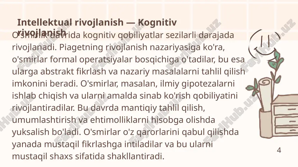 rini kuchaytiradi. masalan, ijtimoiy vaziyatlarda qarorlar qabul qilishda emotsiyalar tezda ta'sir qiladi, lekin mantiqiy tahlil qilish va fikrlashni yanada aniqroq va to'g'ri qilishga yordam beradi. shu bilan birga, yuqori intellektual qobiliyatlar o'smirlarning hissiy holatlarini boshqarish va o'z-o'zini anglashga yordam beradi. bu jarayonlar o'zaro hamjihatlikda, ularning hayotdagi muvaffaqiyatlariga olib keladi. 6 o'smirlar uchun pedagogik yondashuvlar o‘smirlar uchun pedagogik yondashuvlar ularning shaxsiy rivojlanishi va ijtimoiy moslashuviga yordam beradi. bu yondashuvlar o‘smirlarning ehtiyojlari va yosh xususiyatlariga mos ta’lim berishni nazarda tutadi. shaxsga yo‘naltirilgan yondashuv – har bir o‘quvchining qiziqish va ehtiyojlarini inobatga oladi, o‘ziga bo‘lgan ishonchni oshiradi. faol ta’lim – loyiha, guruh muhokamalari va rol o‘ynash orqali mustaqil fikrlash va muloqot ko‘nikmalarini rivojlantiradi. kooperativ ta’lim – guruhiy ishlash orqali ijtimoiy ko‘nikmalar va hamkorlikni rivojlantiradi. muammo asosida o‘qitish (pbl) – muammolarni hal qilish orqali mustaqil fikrlash va qaror qabul qilish ko‘nikmalarini shakllantiradi. innovatsion texnologiyalar – onlayn platformalar va ta’limiy o‘yinlar orqali o‘quv jarayonini qiziqarli …