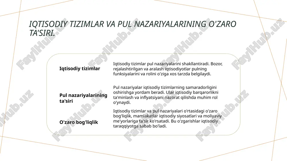 vkalarini belgilash va valyuta kursini barqarorlashtirish tamoyillariga asoslanadi. 03 iqtisodiy o'sish o'zbekiston pul siyosati iqtisodiy o'sishni rag'batlantirish, investitsiyalarni jalb qilish va aholi farovonligini oshirishga qaratilgan strategiyalarni o'z ichiga oladi. o'zbekistonning iqtisodiy tizimidagi pulning roli va ahamiyati. 1 pulning iqtisodiy roli pul o'zbekiston iqtisodiy tizimida almashuv vositasi sifatida muhim rol o'ynaydi, savdo va investitsiyalarni rag'batlantiradi. 2 iqtisodiy barqarorlik pul siyosati mamlakatda iqtisodiy barqarorlikni ta'minlaydi, inflatsiyani nazorat qilish va iqtisodiy o'sishni qo'llab-quvvatlashda asosiy ahamiyatga ega. 3 valyuta siyosati o'zbekistonda valyuta siyosati va kursi iqtisodiy o'sishga ta'sir etadi, tashqi savdoni rivojlantirish va xorijiy investitsiyalarni jalb qilishda muhim ahamiyatga ega. o'zbekistonda pul siyosatining zamonaviy rivojlanishi va muammolari. zamonaviy o'zgarishlar o'zbekistonda pul siyosati so'nggi yillarda iqtisodiy islohotlar bilan birga rivojlanib, yalpi ichki mahsulotning o'sishini ta'minlaydi. muammolar va qiyinchiliklar inflatsiya darajasi va valyuta kursining beqarorligi, o'zbekistonning pul siyosatiga salbiy ta'sir ko'rsatishi mumkin, bu esa iqtisodiy barqarorlikni tahdid qilmoqda. kelajak istiqbollari o'zbekistonning pul siyosati kelajakda iqtisodiy barqarorlikni …