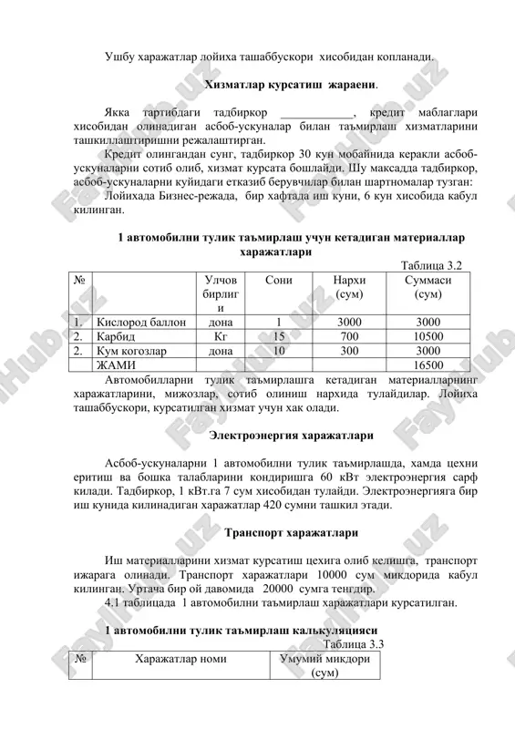 r. 4.1 tablitsada 1 avtomobilni ta'mirlash xarajatlari kursatilgan. 1 avtomobilni tulik ta'mirlash kalkulyatsiyasi tablitsa 3.3 № xarajatlar nomi umumiy mikdori (sum) 1. xom-ashe va materiallar 16500 5. elektroenergiya xarajatlari 6300 6. transport xarajatlari 10000 jami 32800 1 oy muddat ichida 2 ta avtomobil tulik ta'mirlanadi.. 1oy ichida rejaga kura, kursatiladigan xizmatlarning tannarxi 65600 sumni tashkil etadi. 12 oy ichida ishlab chikariladigan maxsulotlarning tannarxi 787200 sumni tashkil etadi. 1v.soliglar, tulovlar va chegirmalar. uzbekiston respublikasi vazirlar maxkamasining 26 dekabr 2000 yil № 500 sonli karoriga asosan, xar oyda yakka tartibdagi tadbirkor f. imomov, eng kam ish xakining 5 barobar mikdorida belgilangan. bugungi kunda solig tulovi 12250 sumni tashkil etadi. v. moliyaviy reja. 1 avtomobilni tulik ta'mirlashga kursatiladigan xizmatlar tarifi, ushbu xizmatga bulgan talabga, narxlar taxlili asosida, 100000 sum mikdorida belgilanadi. yukorida kayd etilgan kursatkichlar asosida 6.1 tablitsada, bir oy ichida olinishi rejalashtirilgan daromad kursatilgan. tablitsa 5.1. № kursatiladigan xizmat turi ulchov birligi …