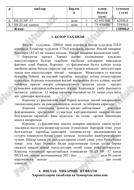 64 900 sum demak 100 kg makaron maxsulotlari ishlab chikarish uchun 64900 sumlik xom ashyo zarur xisoblanadi. korxonada bir kunda urtacha 8 soat ish vakti 1 oyda 24 kun ish kunidan iborat. tadbirkor tomonidan olingan makaron ishlab chikarish uskunasi soatiga 5 kg makaron maxsulotlari ishlab chikarish kuvvatiga egadir. demak 1 kunda 40 kg makaron maxsuloti ishlab chikariladi bundan kelib chikib , 3. non ishlab chikarish xarajati. 100 kg un x 700 sum = 70 000 cum 2 kg tuz x 300 sum = 600 sum 500 gr achitki x 500 sum = 2500 sum jami: 73100 sum ushbu maxsulotlardan ogirligi 500 gr bulgan 180 dona buxanka non pishiriladi. korxona tomonidan kredit mablagiga olingan non ishlab chikarish uskunasida 24 ta kolib bulib xar bir kolibda 2 tadan non pishirish kutisi mavjud bu degani 48 kuti soatiga 48 dona non ishlab chikarish kuvvatiga egadir. bundan kelib chikib korxonada 1 ta non pishirish …
