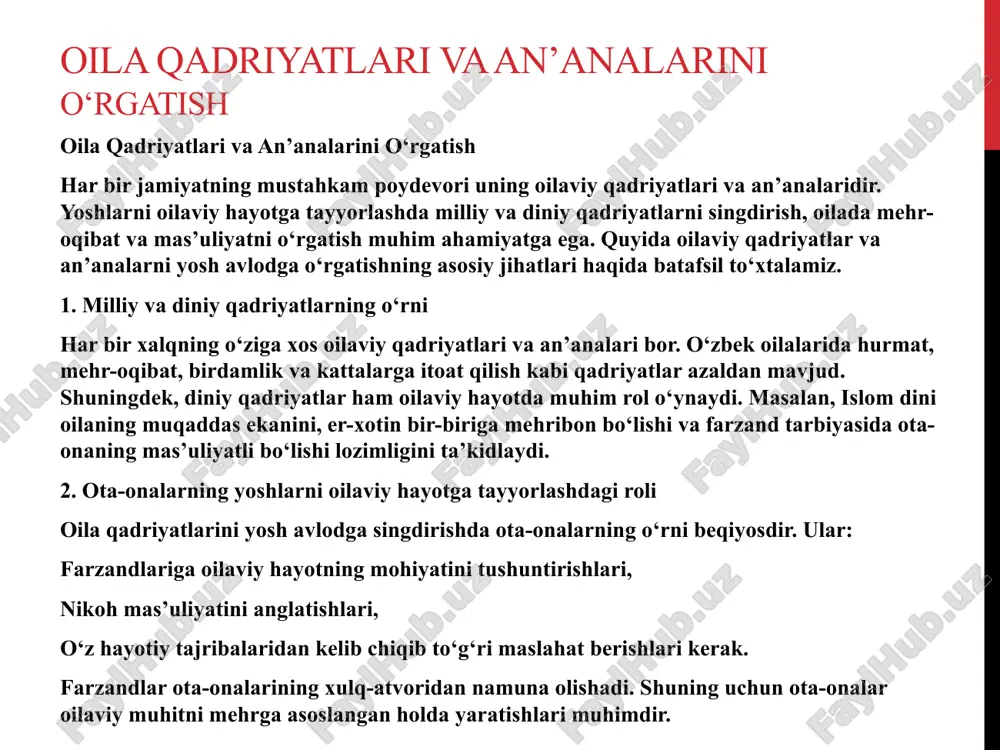 lag‘ni maqsadli sarflash; keraksiz xarajatlardan qochish; moliyaviy qiyinchiliklarga duch kelmaslik; kelajakka ishonch bilan qarash. 2. oilaviy budjetni rejalashtirish har bir oila o‘z daromad va xarajatlarini oldindan rejalashtirishi lozim. buning uchun quyidagi qadamlarni bajarish tavsiya etiladi: daromadlarni aniqlash – oylik ish haqi, qo‘shimcha daromad manbalari (biznes, ijara, xizmat ko‘rsatish). asosiy xarajatlarni belgilash – uy-joy, kommunal to‘lovlar, oziq-ovqat, transport, ta’lim va sog‘liqni saqlash. zaruriy va ortiqcha xarajatlarni farqlash – rejalashtirilmagan, ortiqcha sarflarga yo‘l qo‘ymaslik. tejash va jamg‘arma qilish – oilaning kelajagi uchun ma’lum miqdordagi mablag‘ni jamg‘arish odatini shakllantirish. 3. moliyaviy barqarorlik va zaxira mablag‘ oilada kutilmagan xarajatlar har doim bo‘lishi mumkin. masalan, sog‘liq bilan bog‘liq muammolar, ta’mirlash yoki boshqa kutilmagan vaziyatlar. shu sababli har bir oila o‘zining favqulodda zaxira jamg‘armasiga ega bo‘lishi kerak. mutaxassislar kamida 3-6 oylik xarajatlarni qoplashga yetadigan mablag‘ni jamg‘arishni tavsiya qiladilar. 4. qarzdorlik va kreditlardan ehtiyot bo‘lish ko‘pchilik oilalar moliyaviy qiyinchiliklarni yengish uchun kredit olishadi. biroq, noto‘g‘ri boshqarilgan qarz …